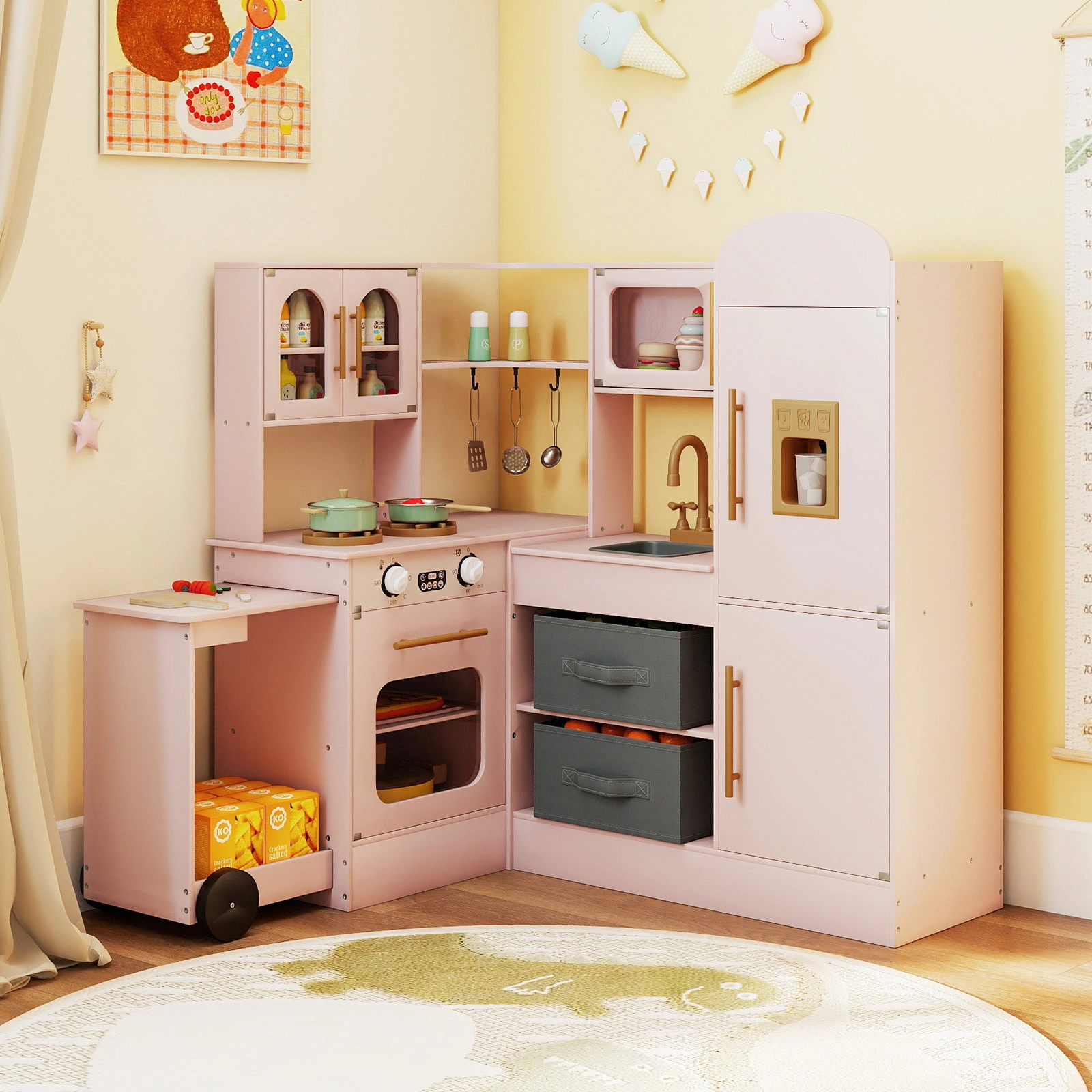 SUGIFT Kids Pink Corner Wooden Play Kitchen with Lights Sounds and Ice Maker 39.5-in W 40-in H Ages 3+