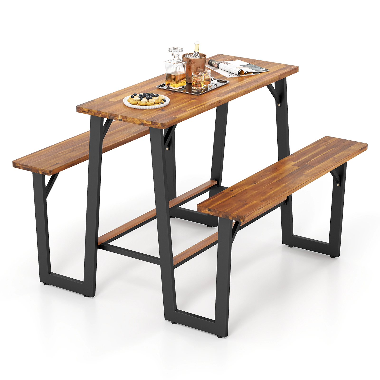 SUGIFT Bar Height Patio Picnic Table Bench Set Acacia Wood Top with Metal Frame