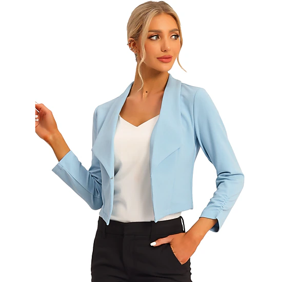 INSPIRE CHIC Women's Notched Lapel Ruched Sleeve Cropped Blazer