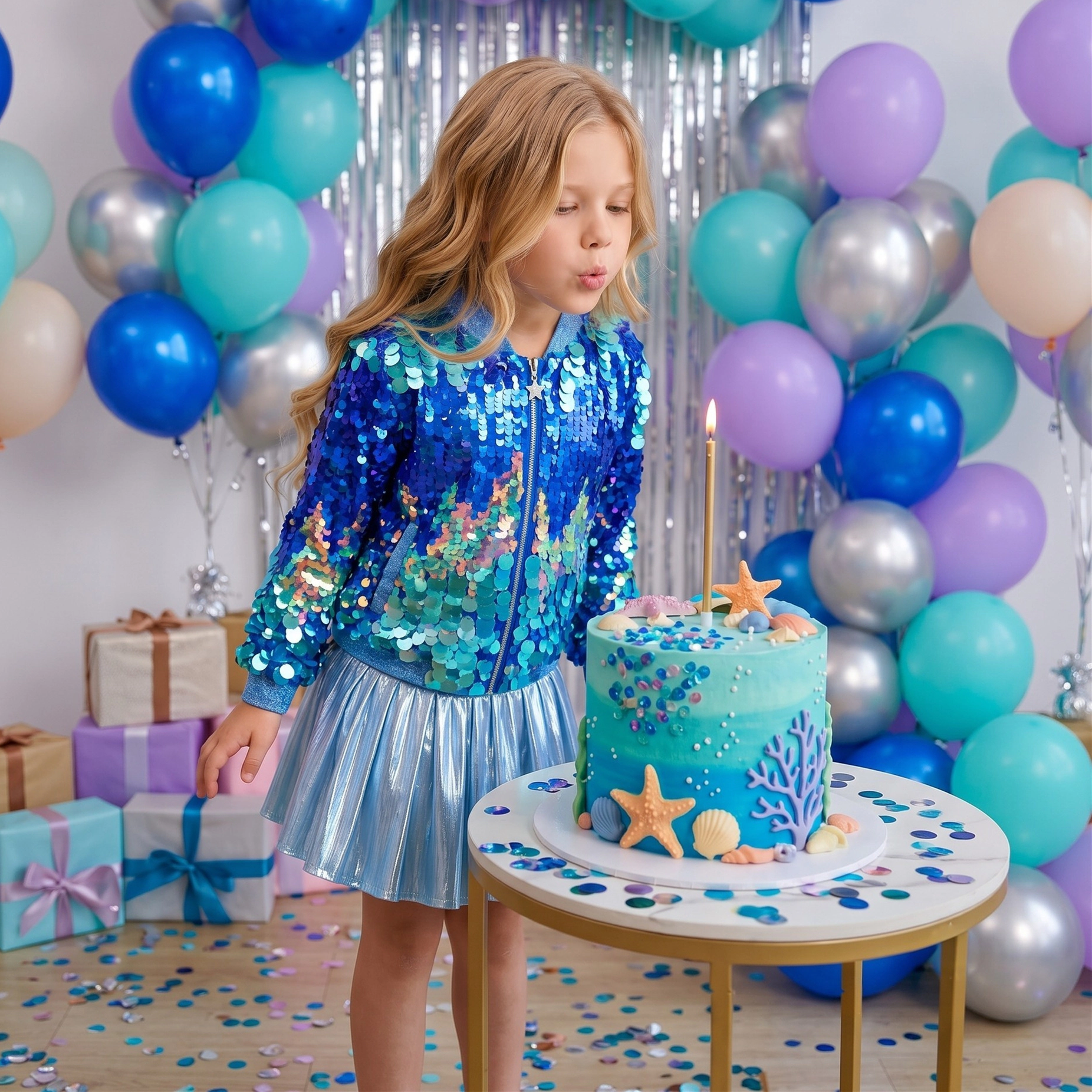 2Bunnies Girls' Cosmic Cerulean Sequin Holiday Party Bomber Jacket