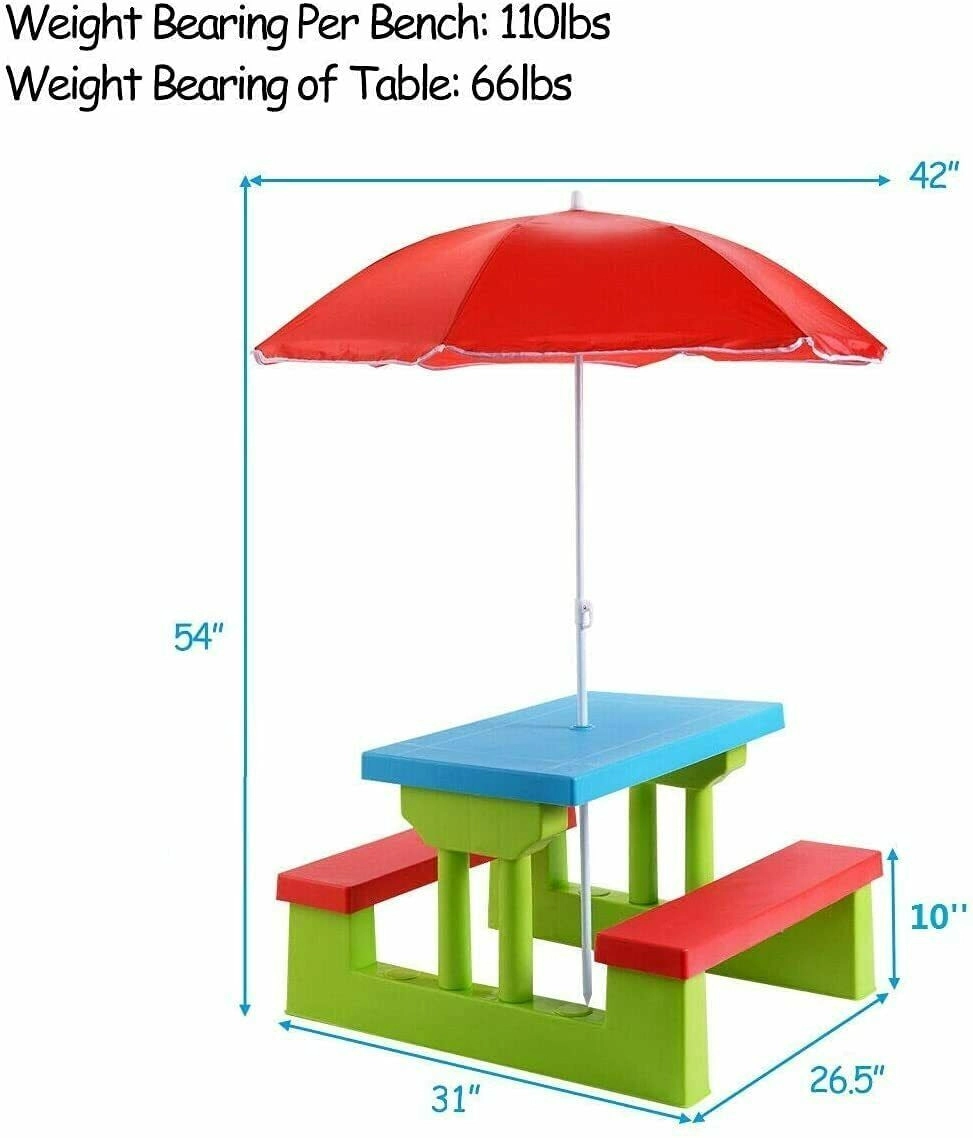 SUGIFT Multicolor Umbrella 4 Seats PP Kids Folding Picnic Table and Bench Set