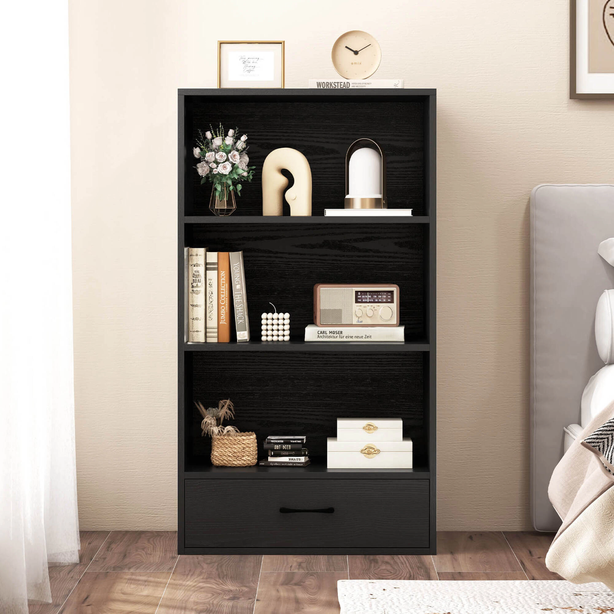 Costway 42'' Tall 4-tier Storage Shelf Wood Bookcase with Drawer Home Organizer Display Rack Black