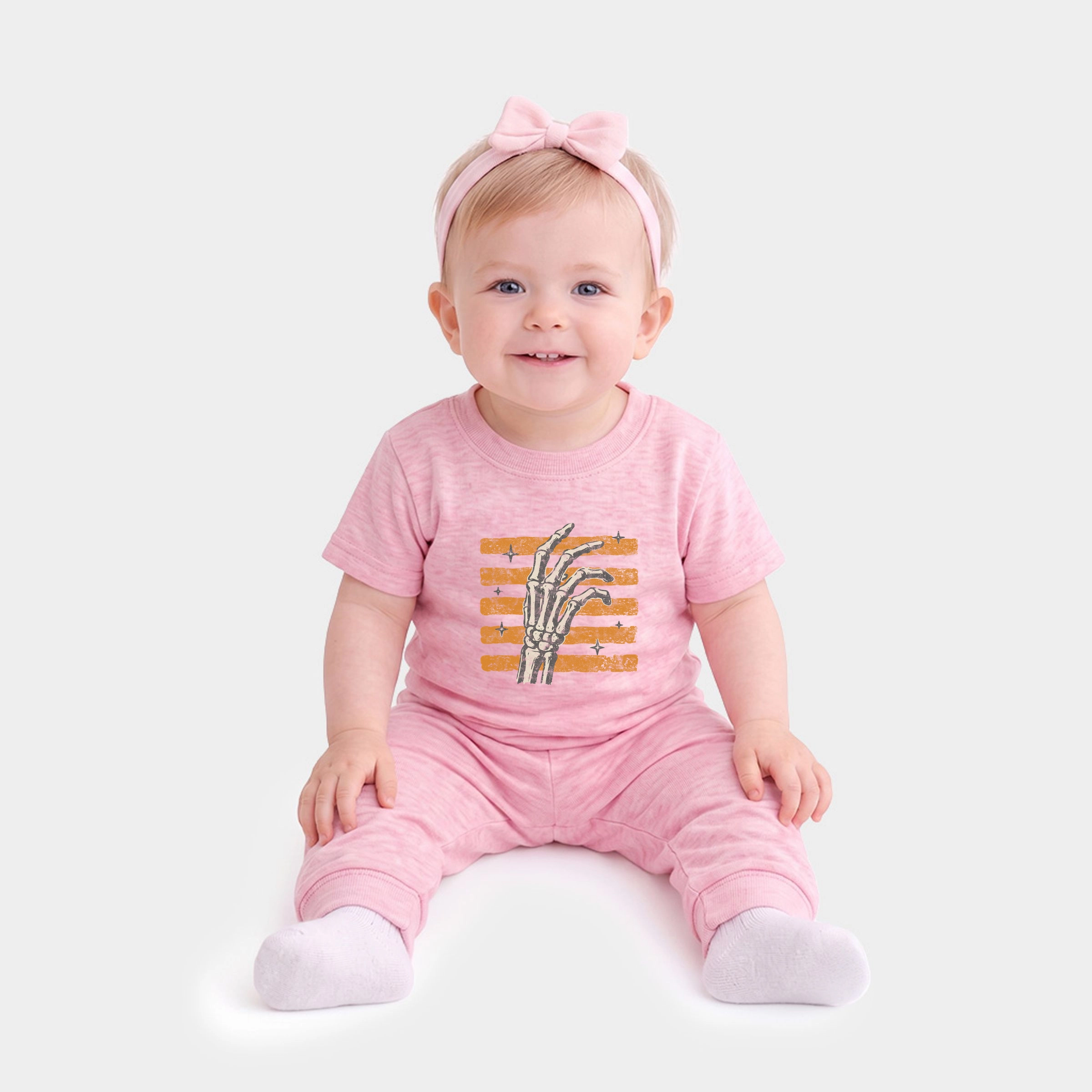 The Juniper Shop - Infant Jogger Pant Crew Set Skeleton Hand Orange Stripes
