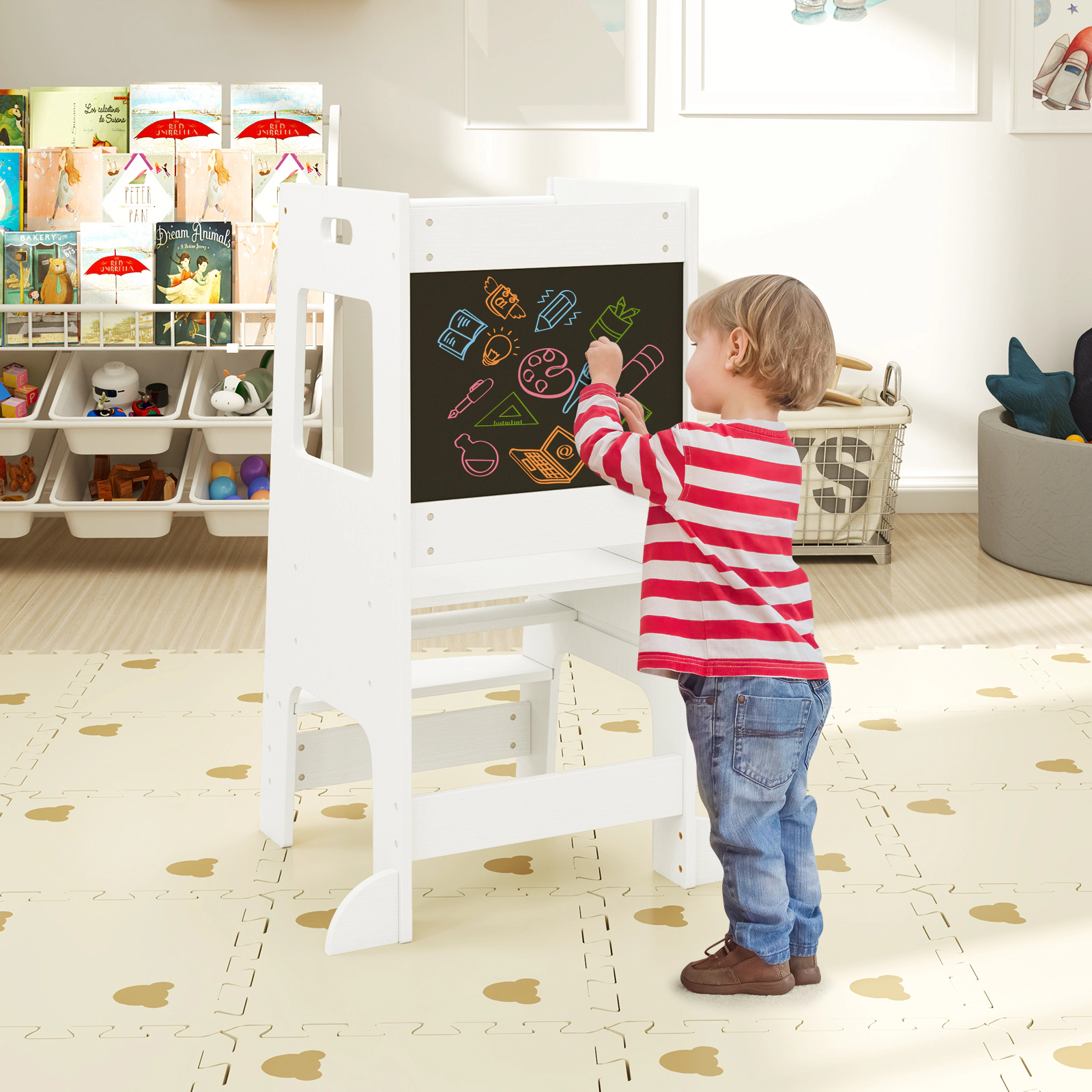 SUGIFT Toddler Kitchen Step Stool with Activity Chalkboard and Adjustable Height 132-lb Capacity Ages 3+ Natural/White