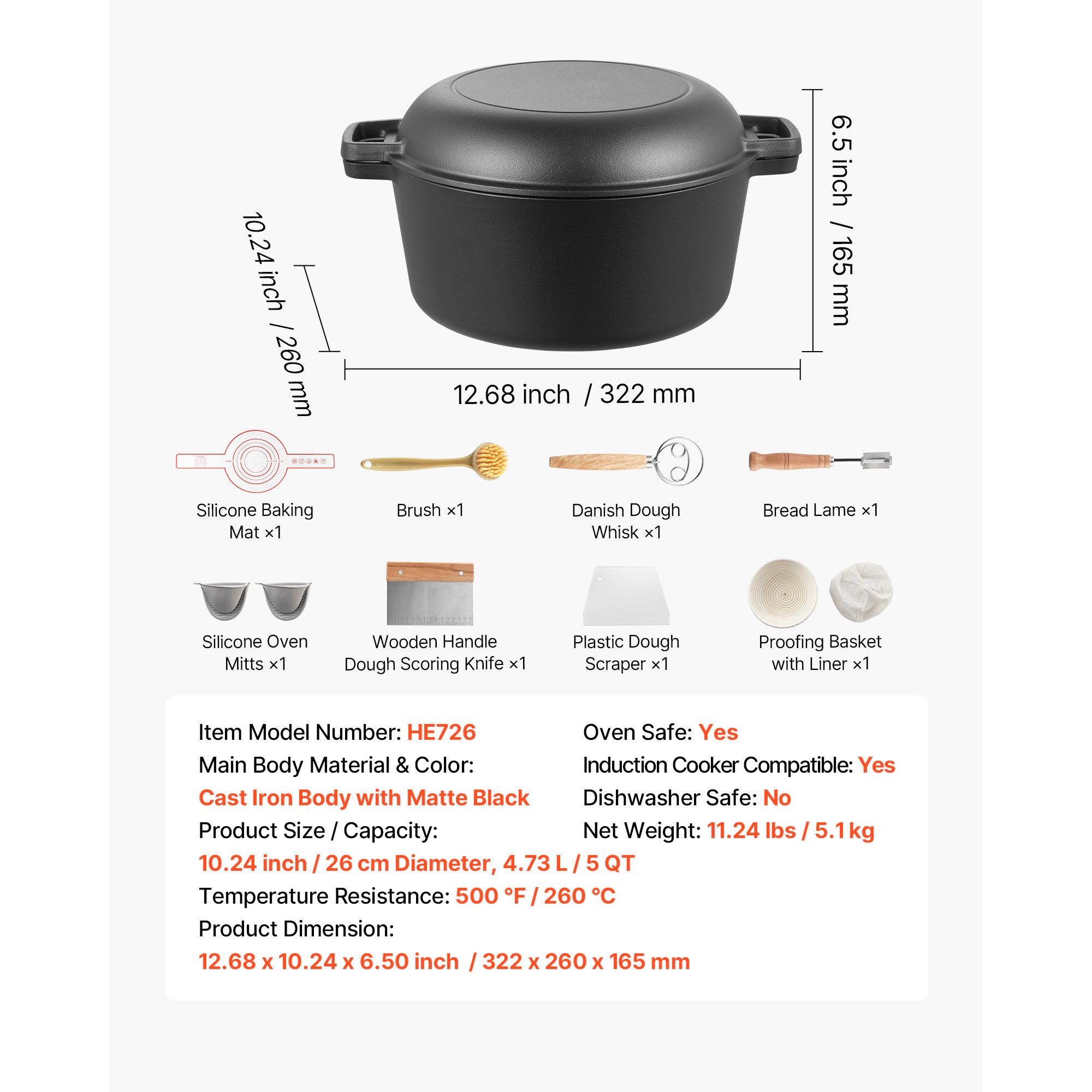 HONGGE Enameled Cast Iron Dutch Oven Pot with Lid and Dual Handles Heavy-Duty Durable Cookware Pan Oven Induction