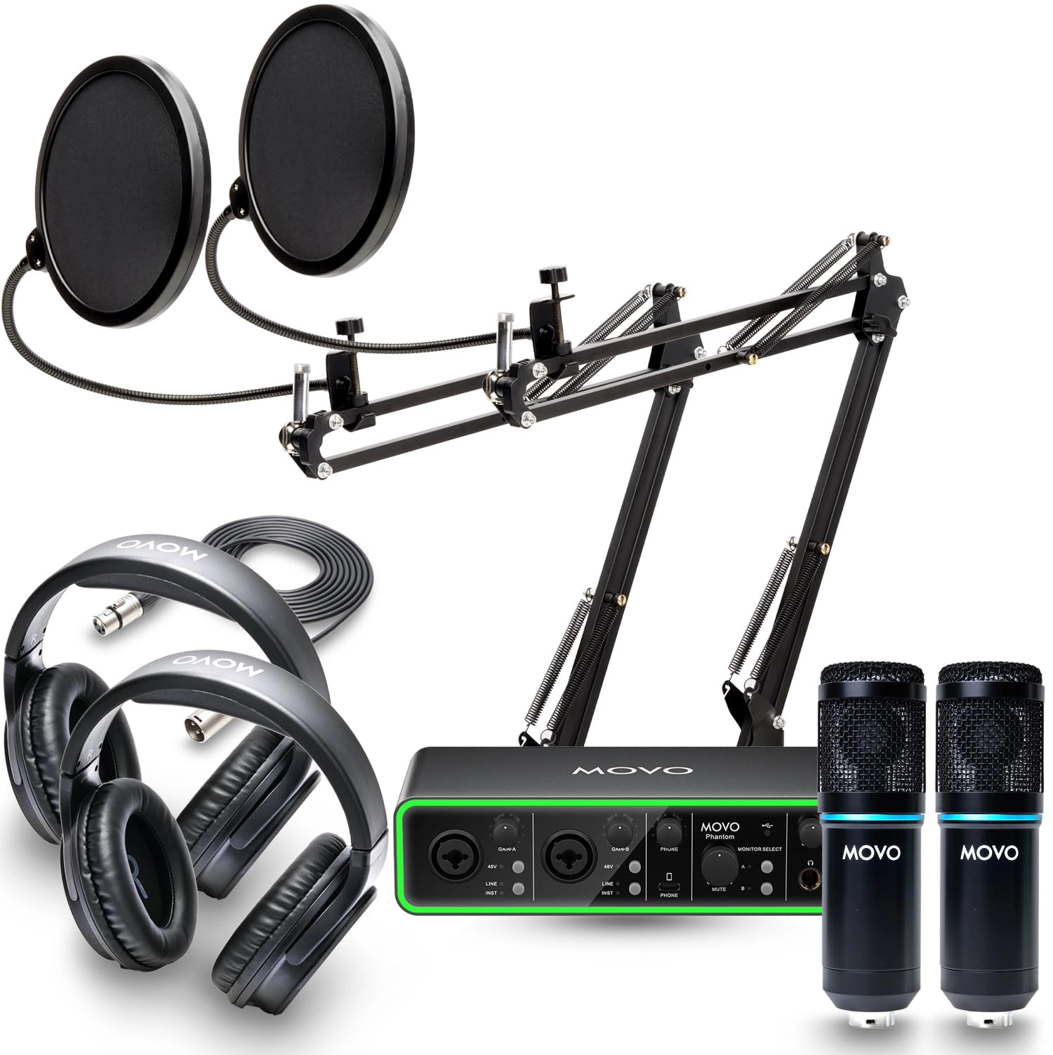 Movo PodKit2AH Podcast Equipment Bundle for 2 Condenser Microphone Kit with MDX-1 2x2 USB-C Audio Interface