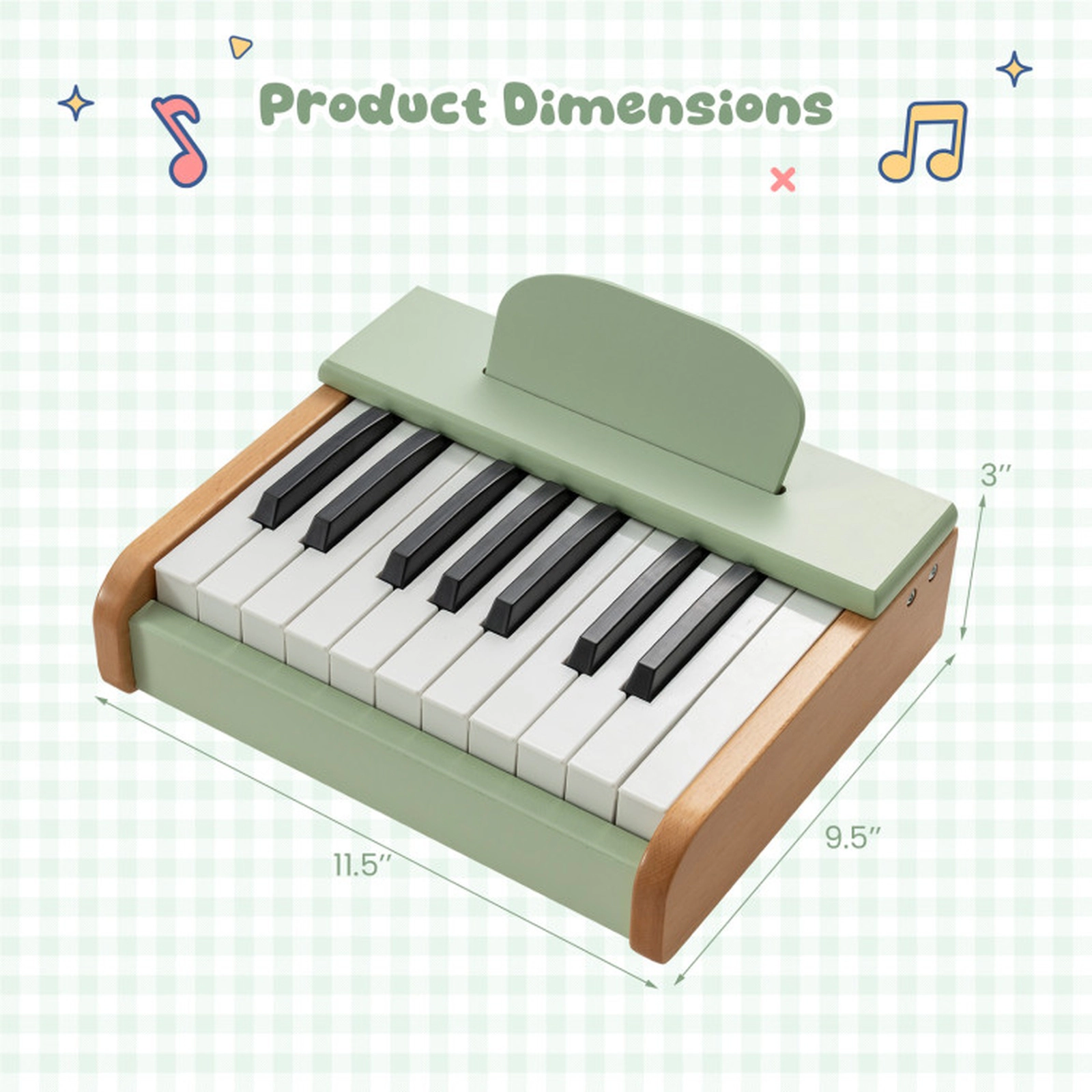 SUGIFT Green 18-Key Wooden Kids Piano with Removable Music Stand Rounded Corners and Rear On Off Switch