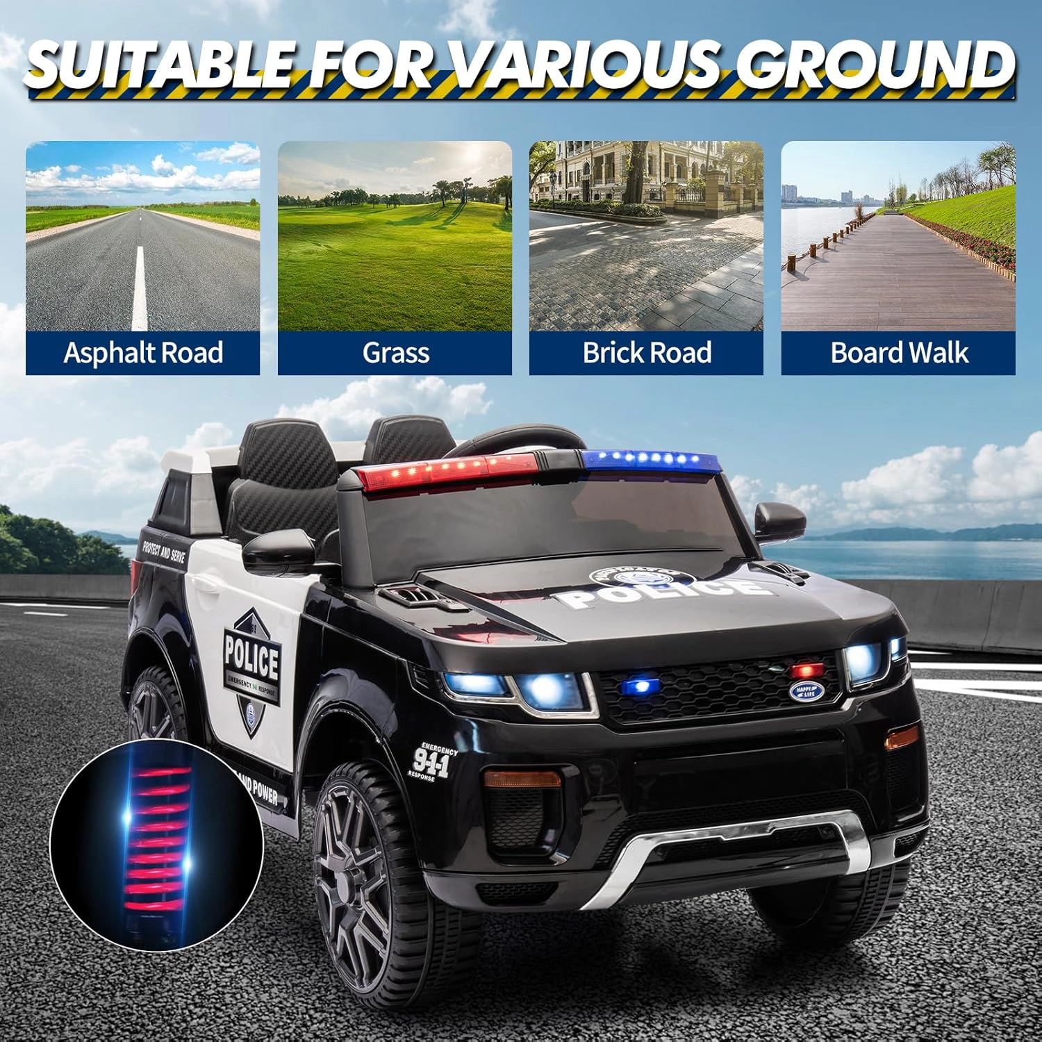 12V Kids 2-Seater Ride On Police Car w/ Remote, Flashing Lights, Megaphone, Music, Suspension & Handle for 3-8