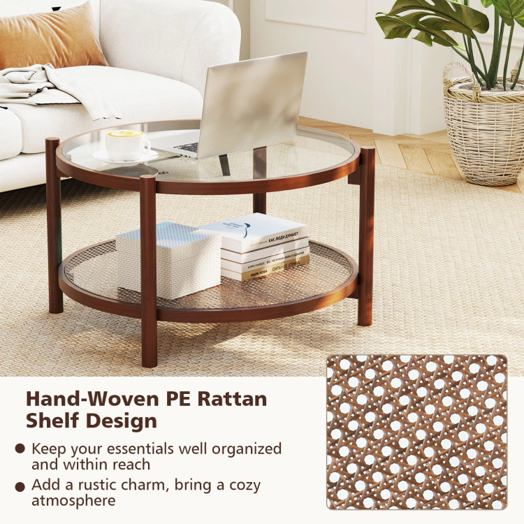 Hivvago 31 Inch 2-Tier Round Coffee Table With Tempered Glass Top For Living Room-Cherry