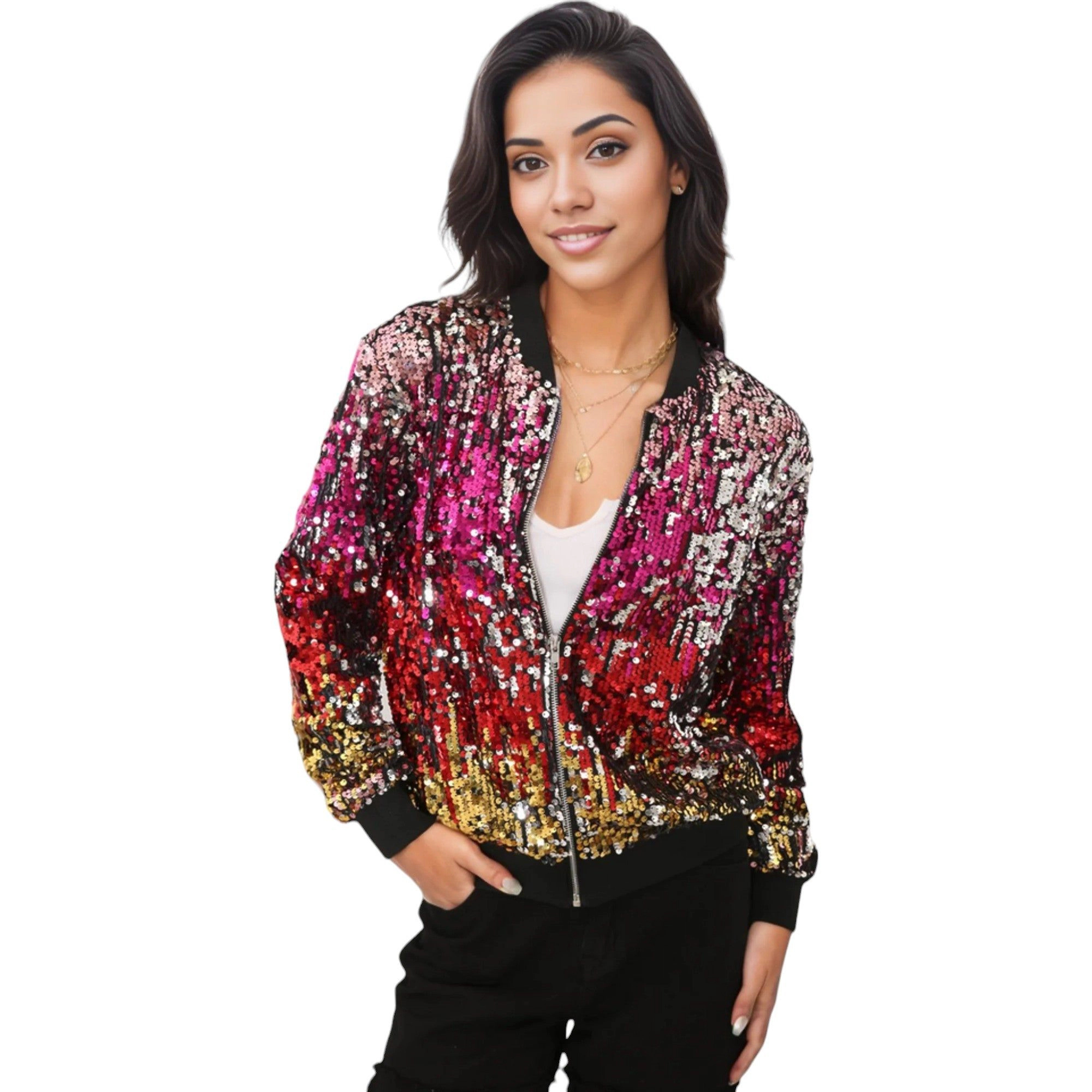 Anna-Kaci Women's Sequin Bright Zig Zag Ombre Sparkle Bomber Zip-Up Jacket