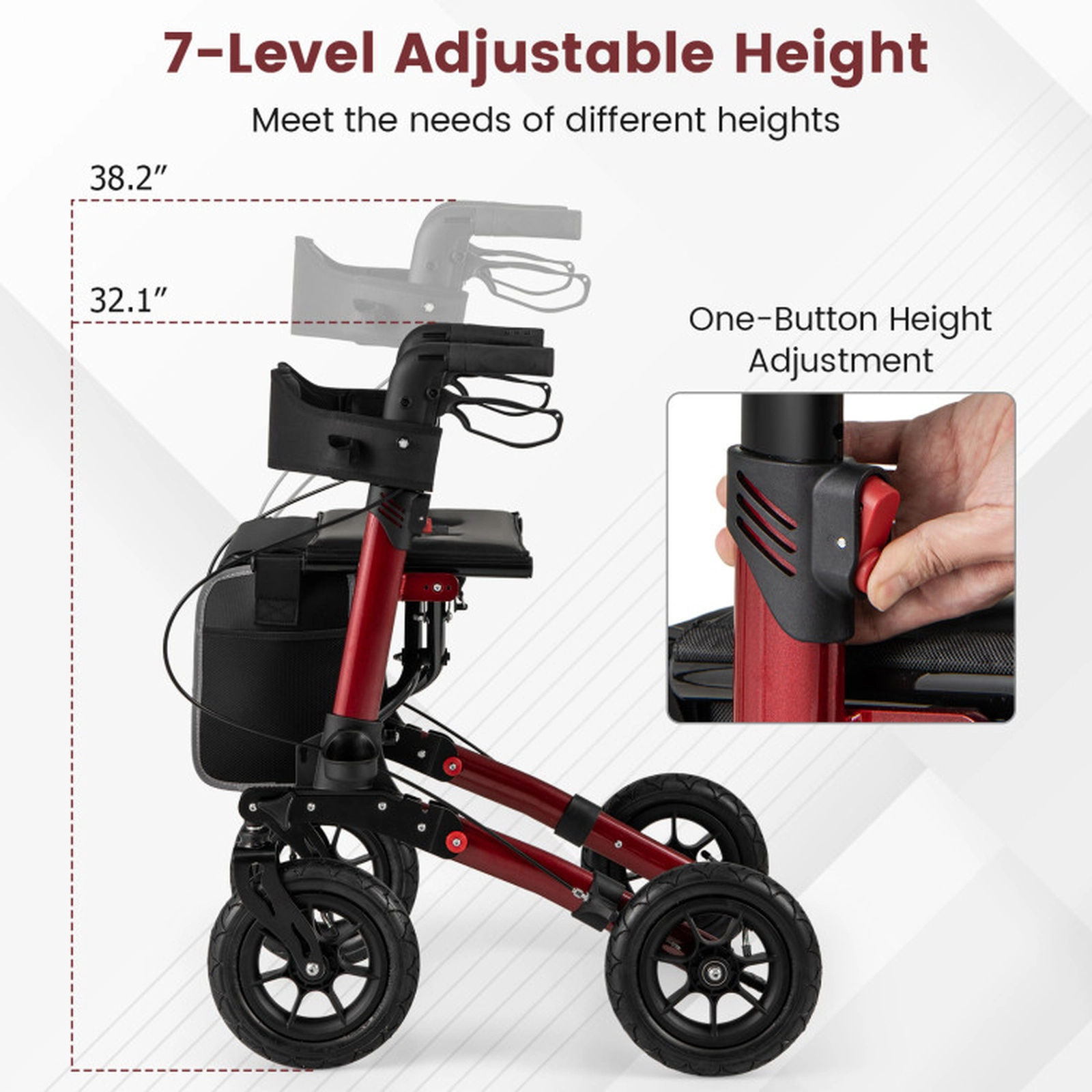 SUGIFT Red All Terrain Rollator Walker with 9-in Pneumatic Tires 24.4-in W 32.3-in D 308-lb User Capacity