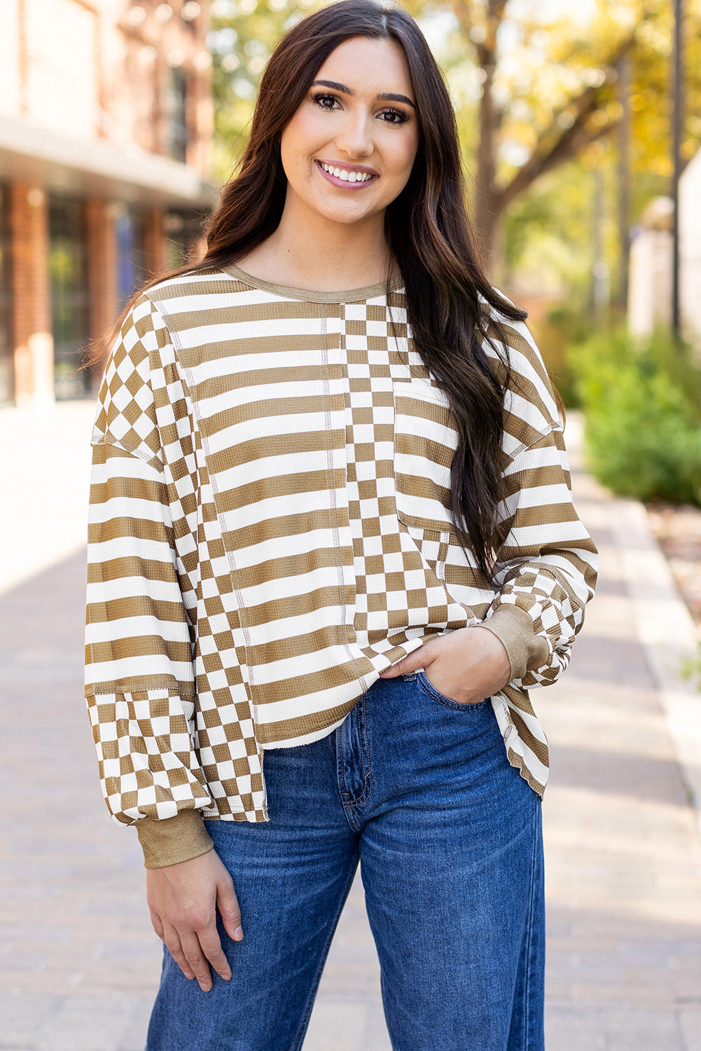 Threaded Pear Women's Fatima Patchwork Lantern Sleeve Blouse
