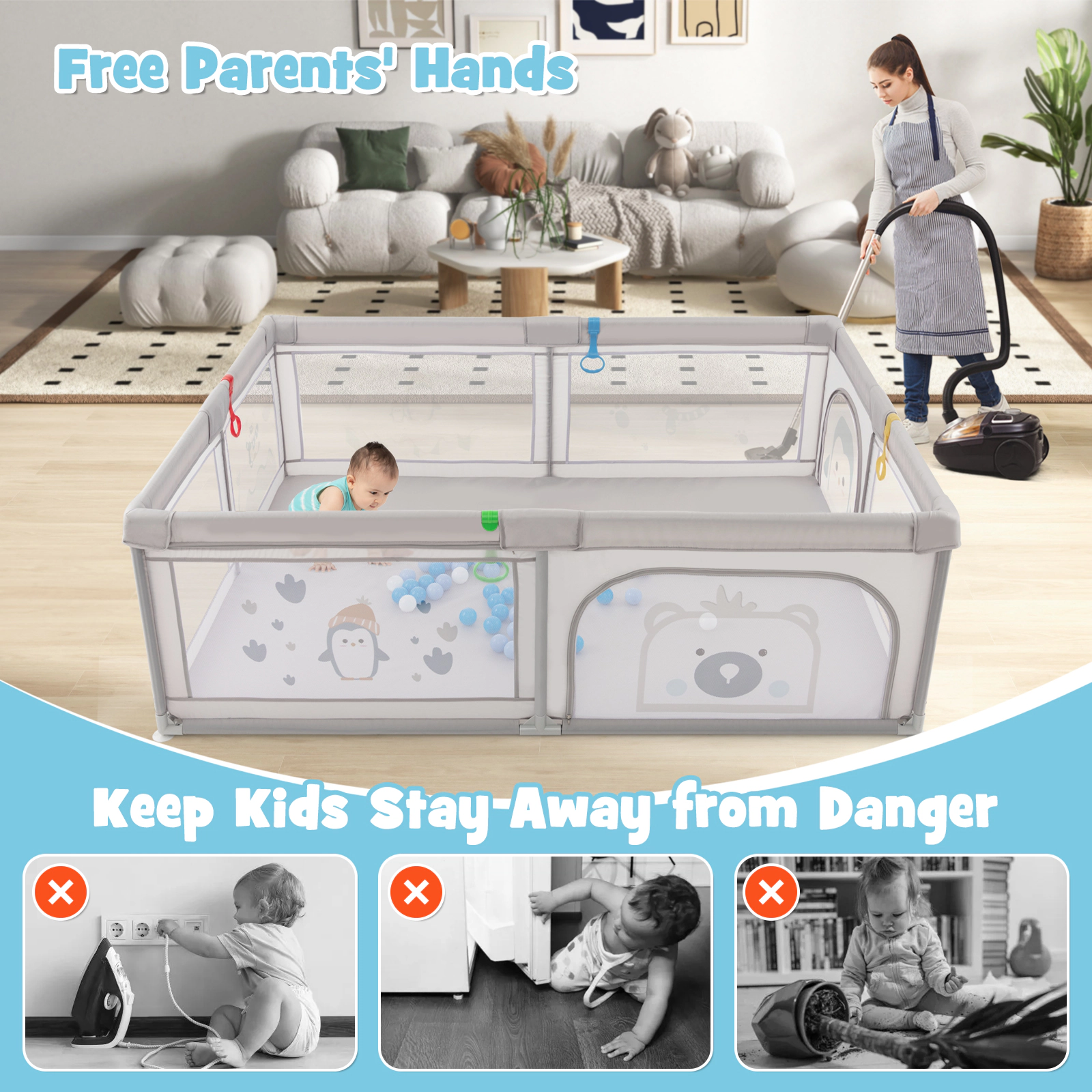 Slickblue Extra Large Toddler Play Yard with Pull Rings