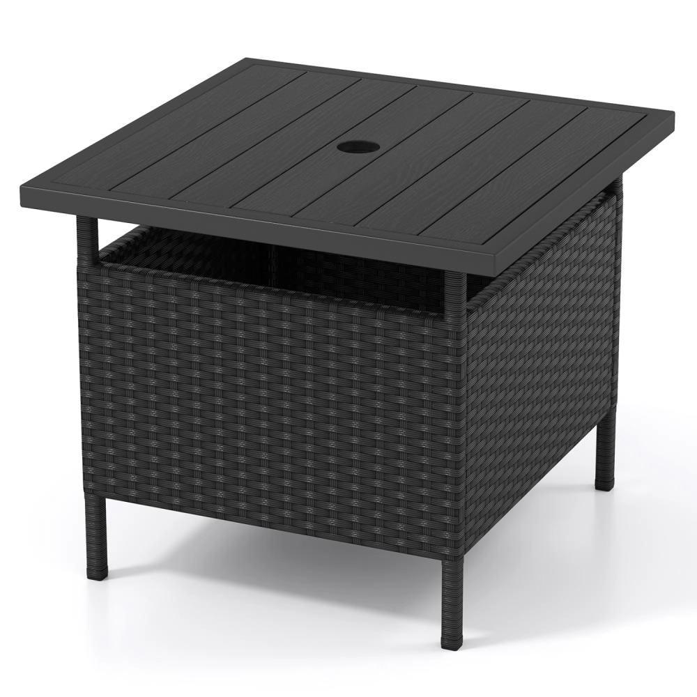 Hivvago Patio Square Wicker Side Table With Umbrella Hole For Yard