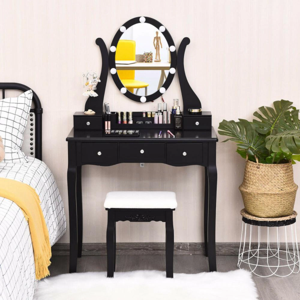 Hivvago 10 Dimmable Lights Vanity Table Set With Lighted Mirror And Cushioned Stool