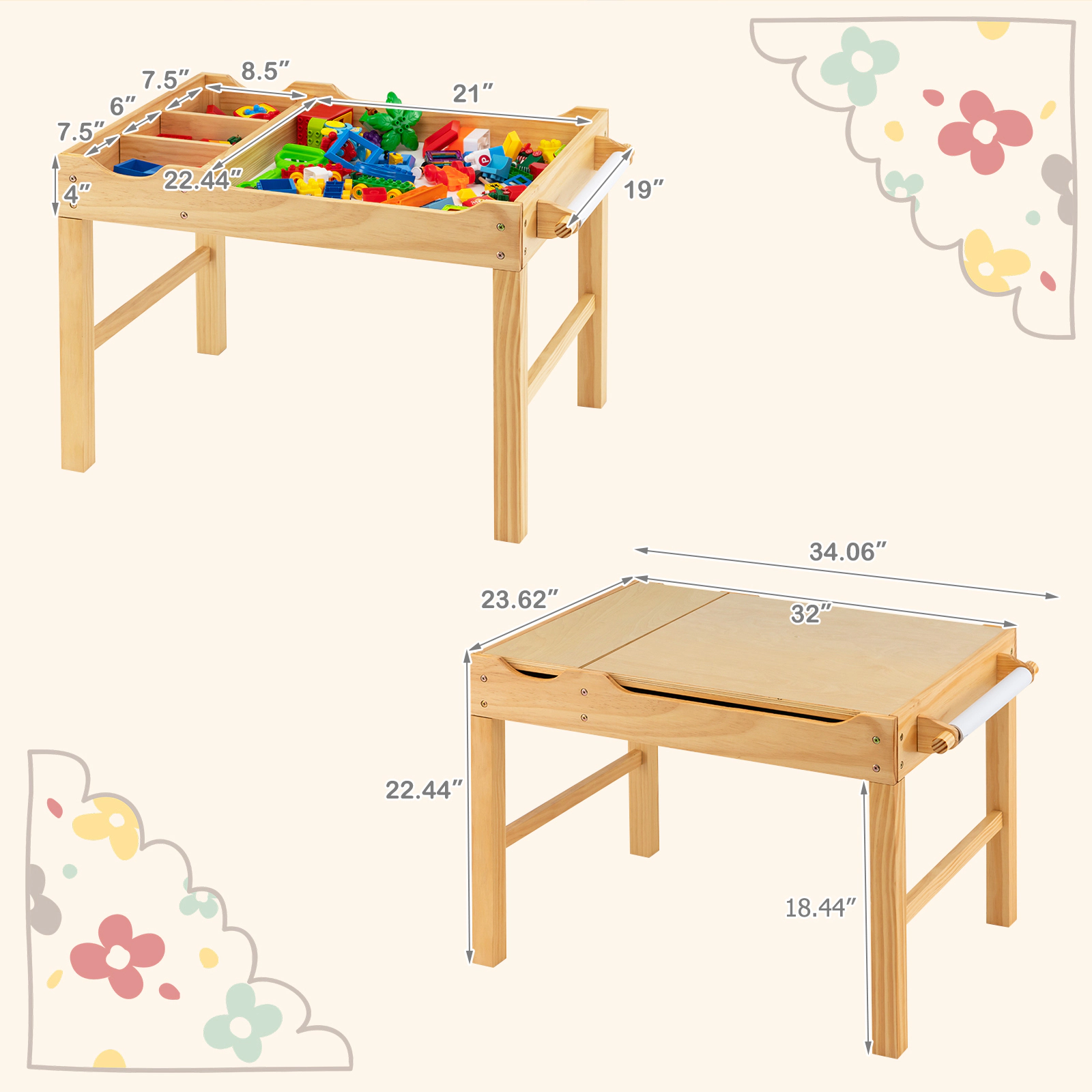 Hivvago Kids Multi Activity Play Table Wooden Building Block Desk With Storage Paper Roll