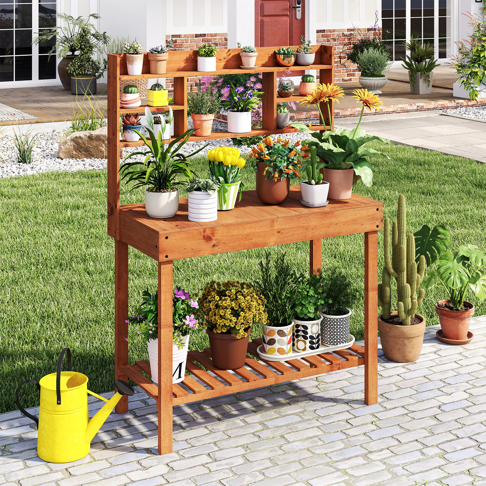 LJG Wooden Potting Bench Table 61" Garden Planting Workstation with 3-Tier Open Shelf