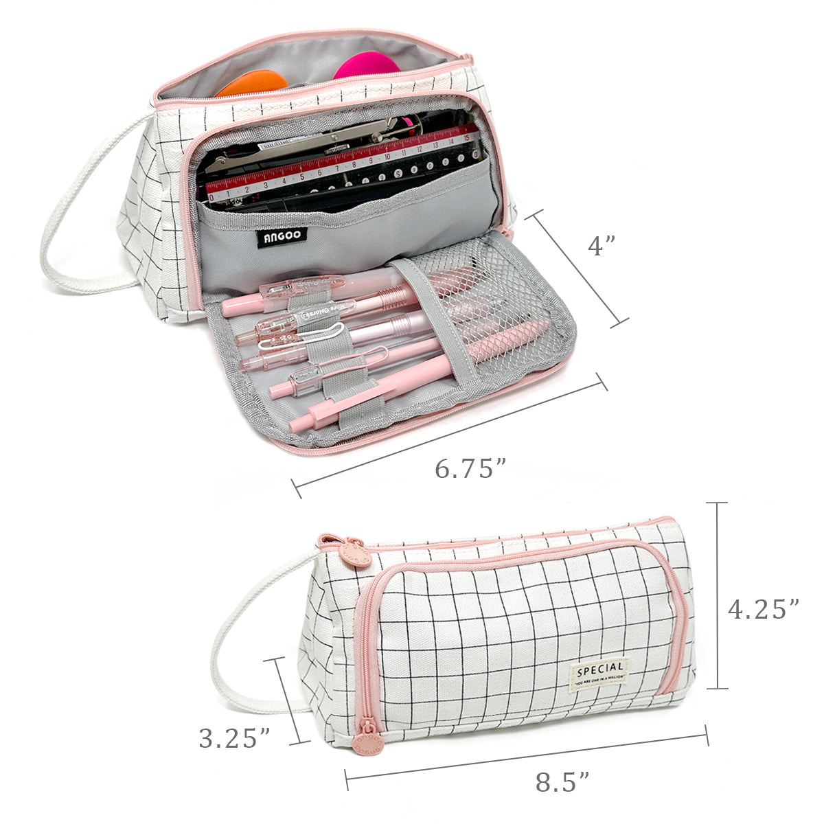 Wrapables Large Capacity Portable Pencil Pouch for Office Supplies, Pink & White