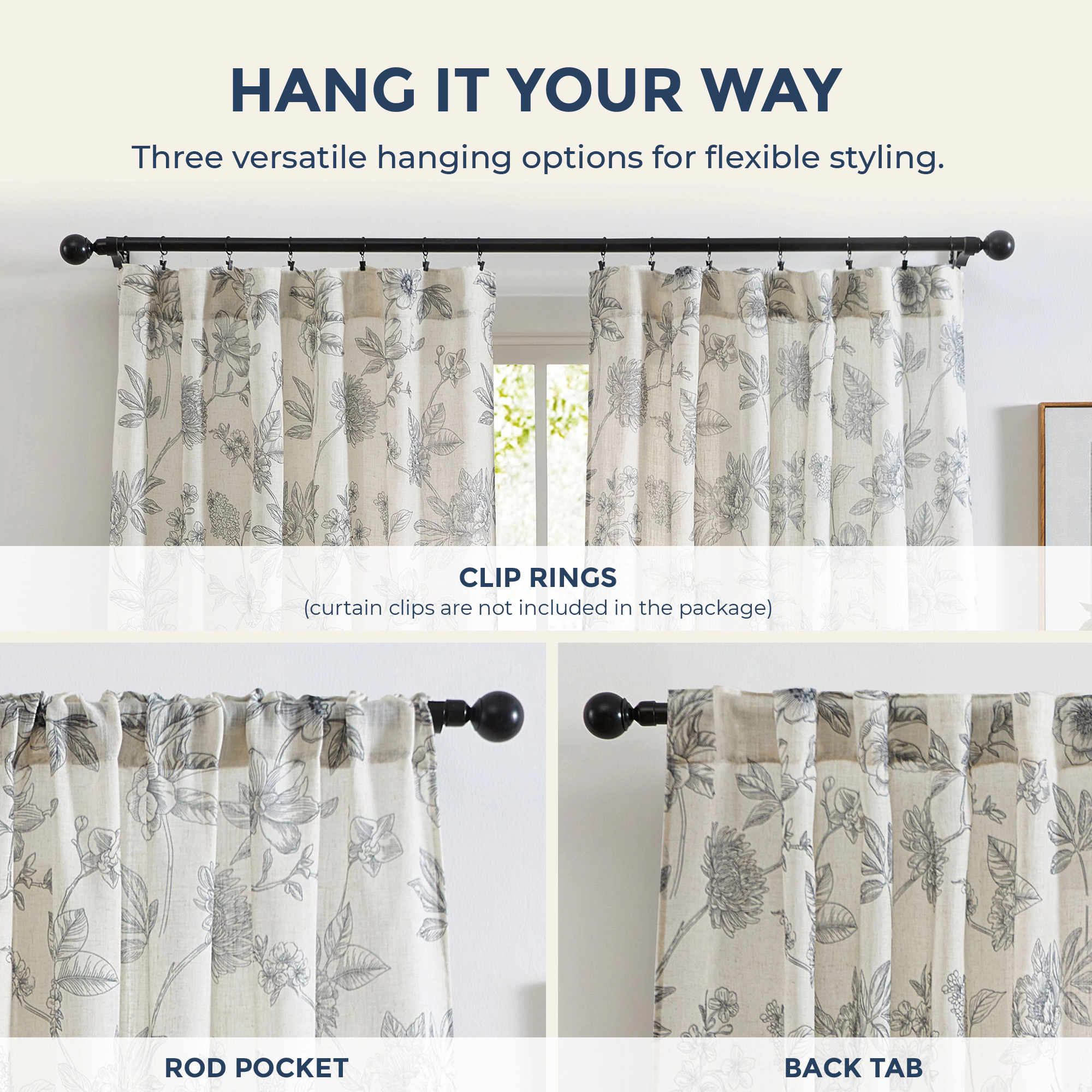 HLC.ME Brookville Linen Floral Print Patterned Curtains - Back Tab Pocket Window Flower Panels, Set of 2