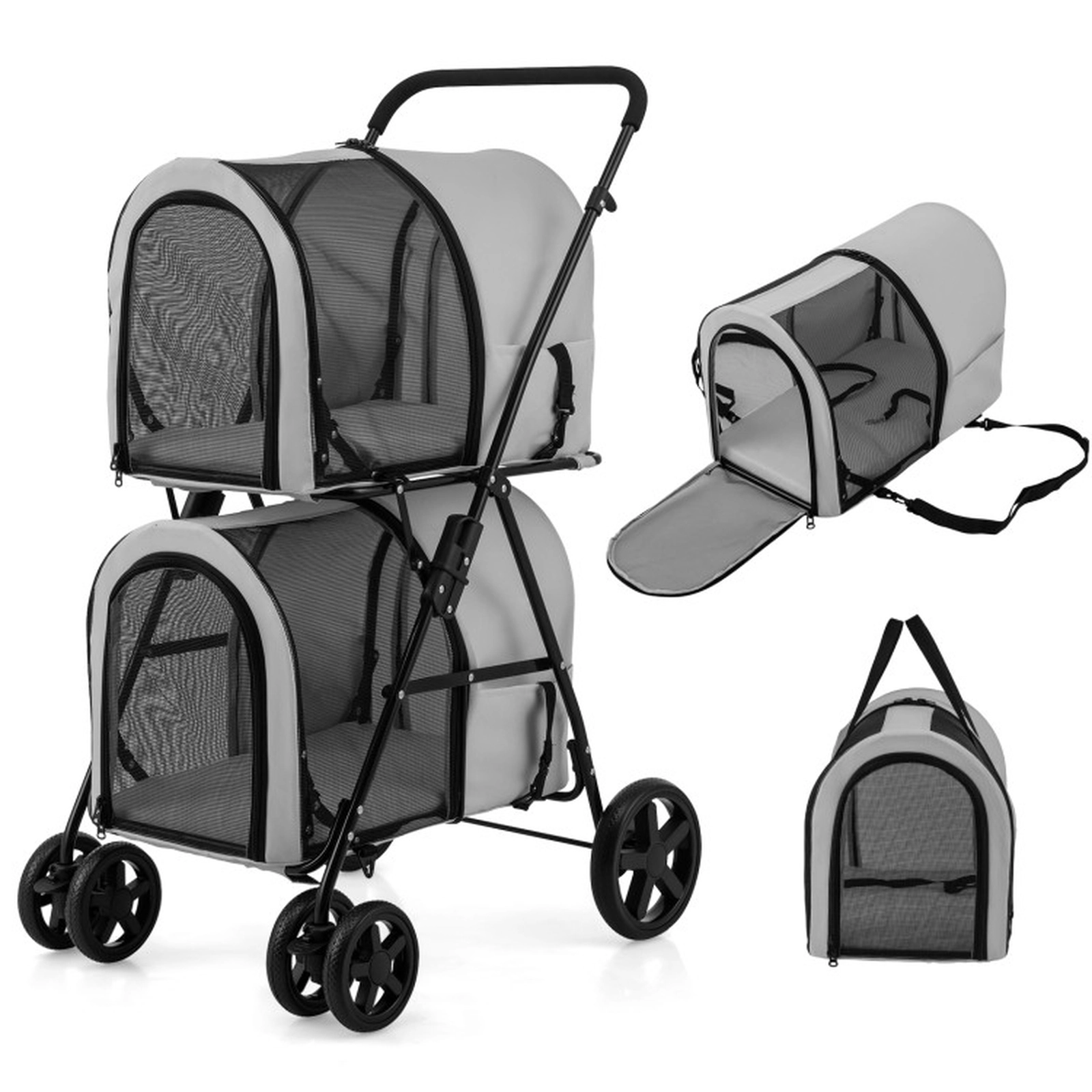 SUGIFT 4-in-1 Double Pet Stroller with Detachable Carriers and Car Seat Carrier 17-lb Capacity Beige Blue Black