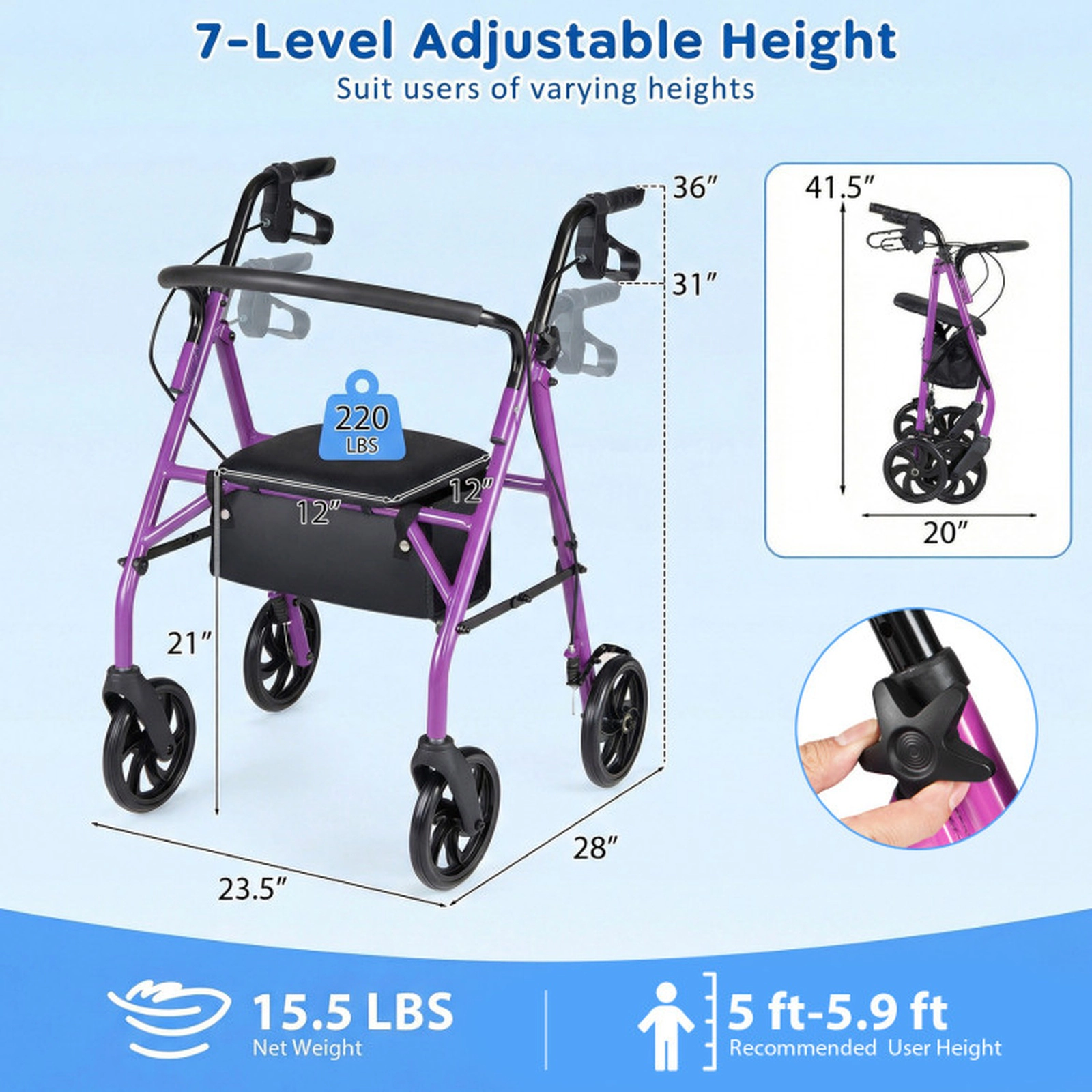 SUGIFT Folding Rollator Walker, 220 lb Capacity, Padded Seat, 7 Handle Heights, Low-Noise Wheels