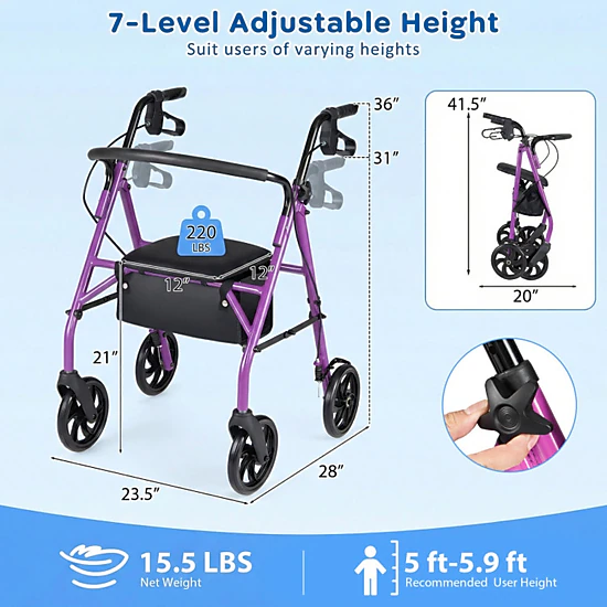 SUGIFT All-Terrain Folding Rollator Walker with Seat, Pneumatic Tires, 7 Handle Heights, 308-lb Capacity