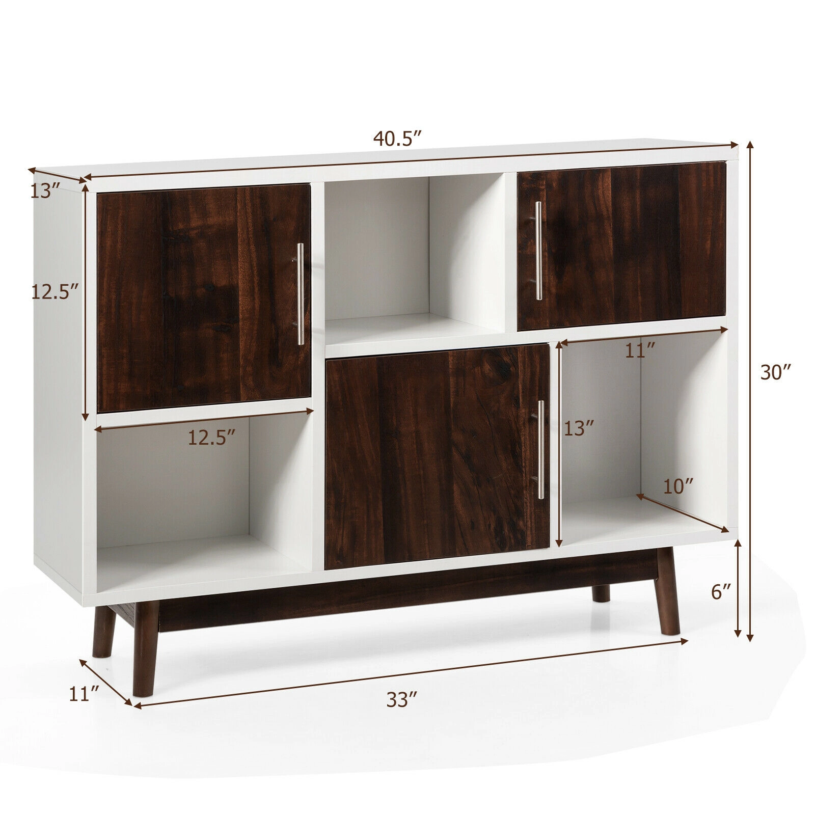 SUGIFT 40.5-in White Wood Sideboard Display Cabinet with 6 Compartments and Pine Legs for Living Room