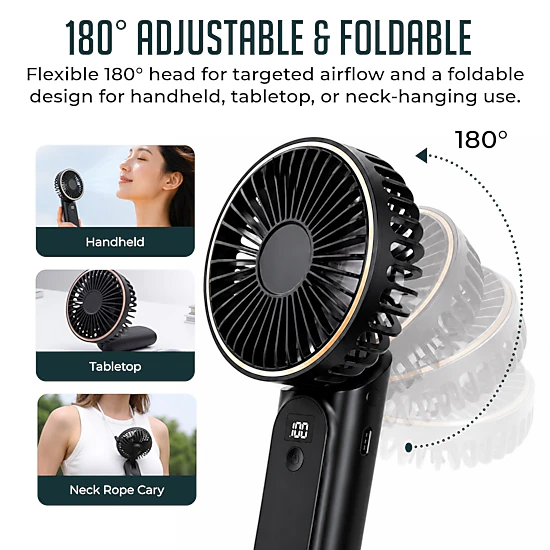 Luminuxe Portable Handheld Fan, USB Rechargeable Foldable Fan w/ 4000mAh Battery, Ultra Quiet 6-Speed Wind LED Display