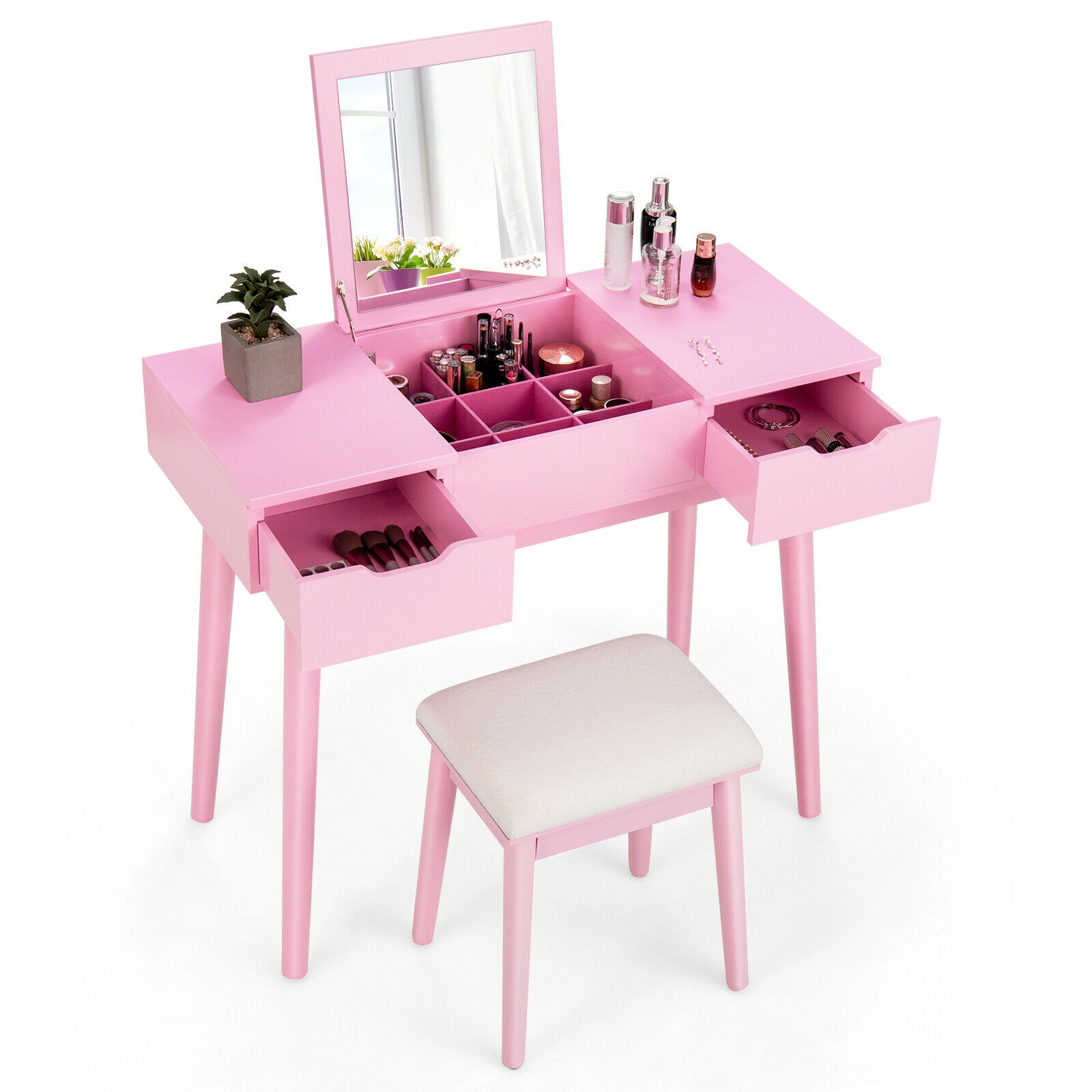 SUGIFT Pink Flip Top Mirror 2 Drawers 9 Velvet Lined Dividers and Stool Makeup Vanity Table Set