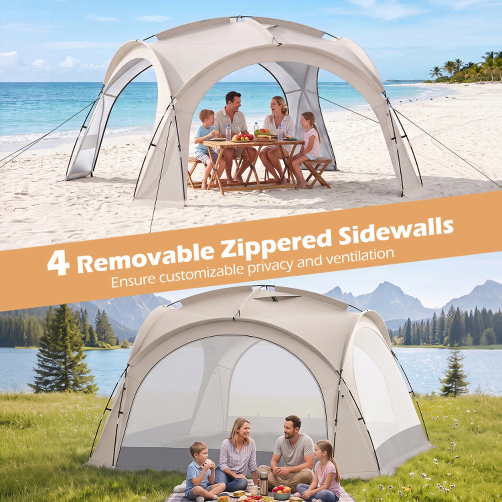 SUGIFT 12-15 Person Beige Dome Beach Canopy Tent with 4 Removable Zippered Sidewalls 13.3-ft W 13.3-ft D 7.6-ft H