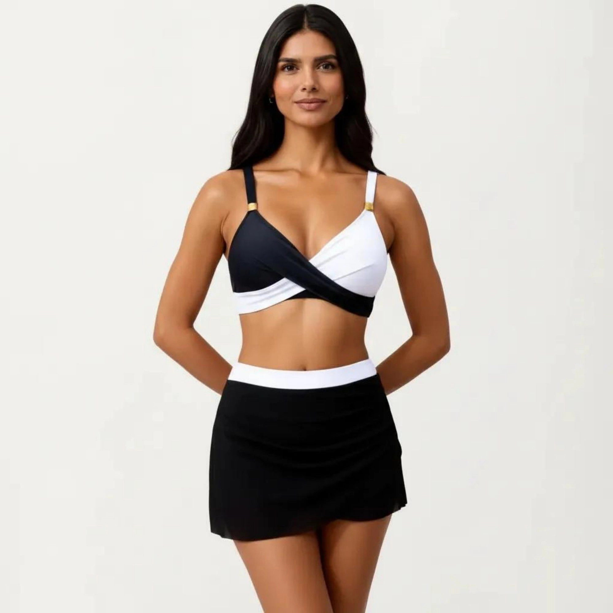 Anna-Kaci Women Crisscross Bralette Two-Piece Swim Set with Ruched Skirted Bottom