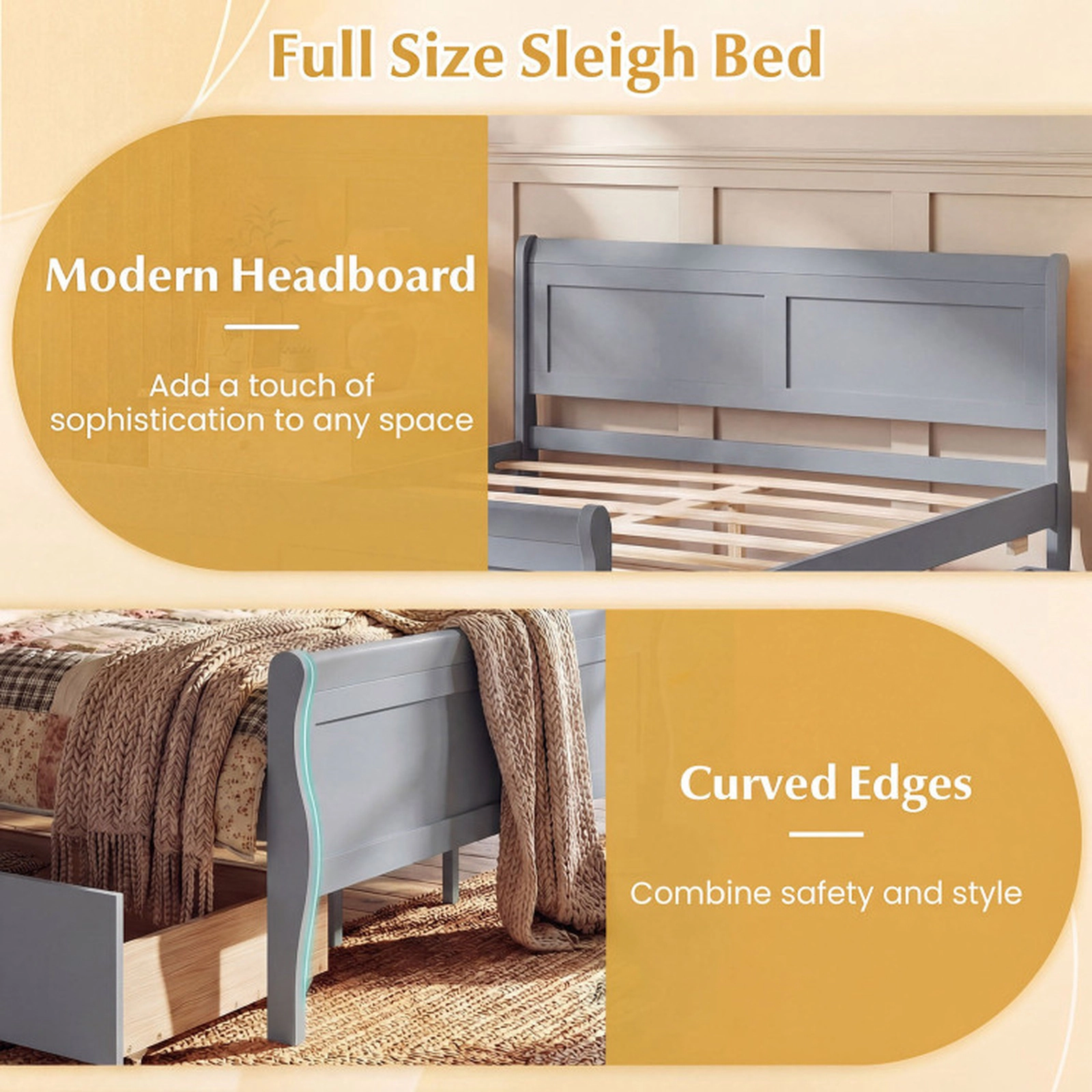 SUGIFT Gray 2 Storage Drawers and Curved Footboard Full Size Wooden Bed Frame