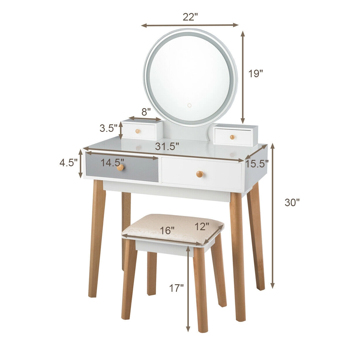 SUGIFT White 4 Drawers 19 Inch Lighted Round Mirror and Stool Makeup Dressing Table Set