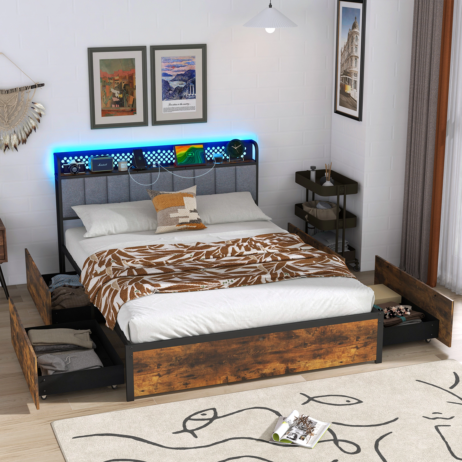 SUGIFT Full Size Storage Bed with 4 Drawers, LED Headboard, Rustic Brown
