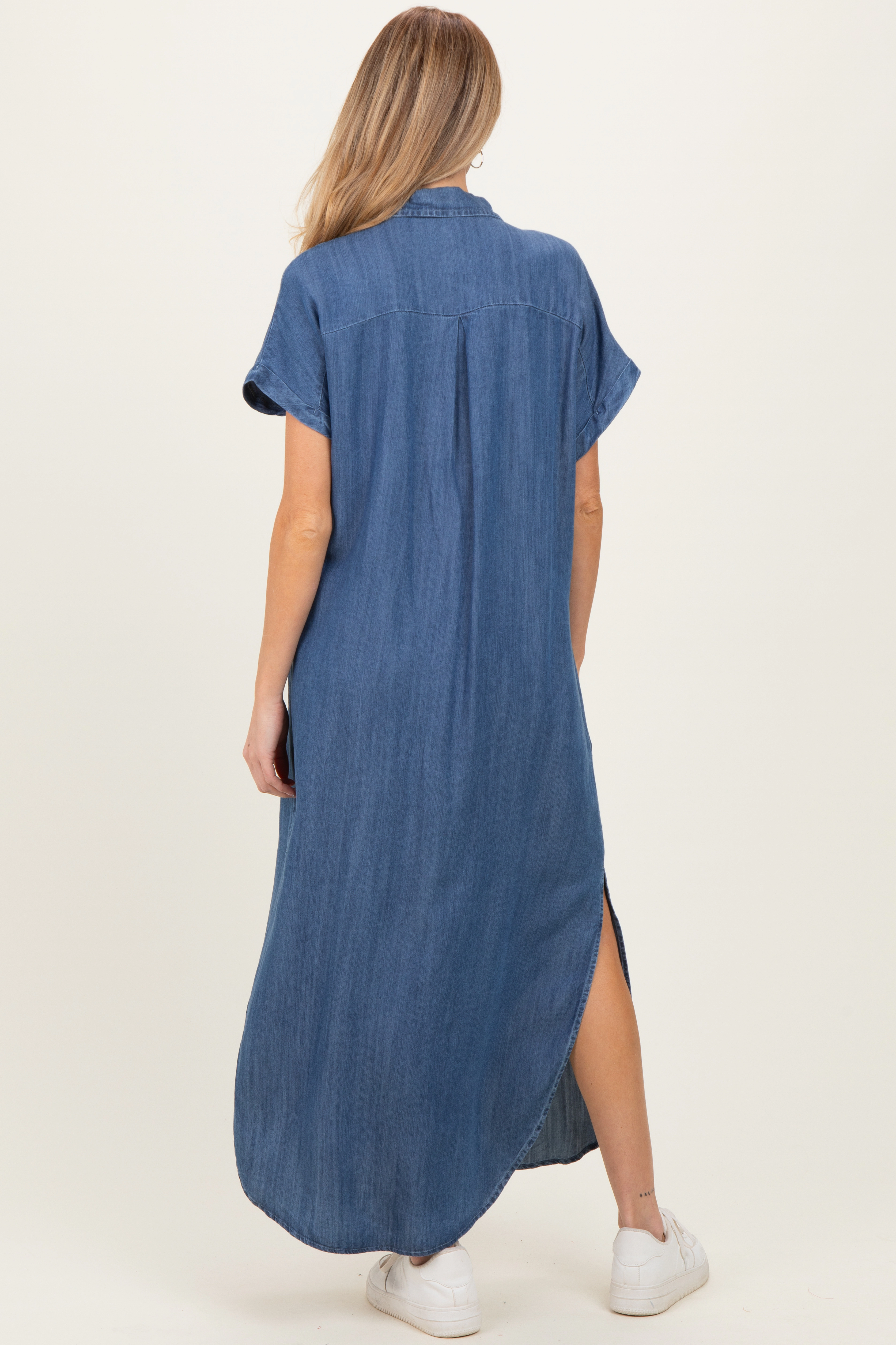 PinkBlush Womens Blue Chambray Button Down Maternity Shirt Dress