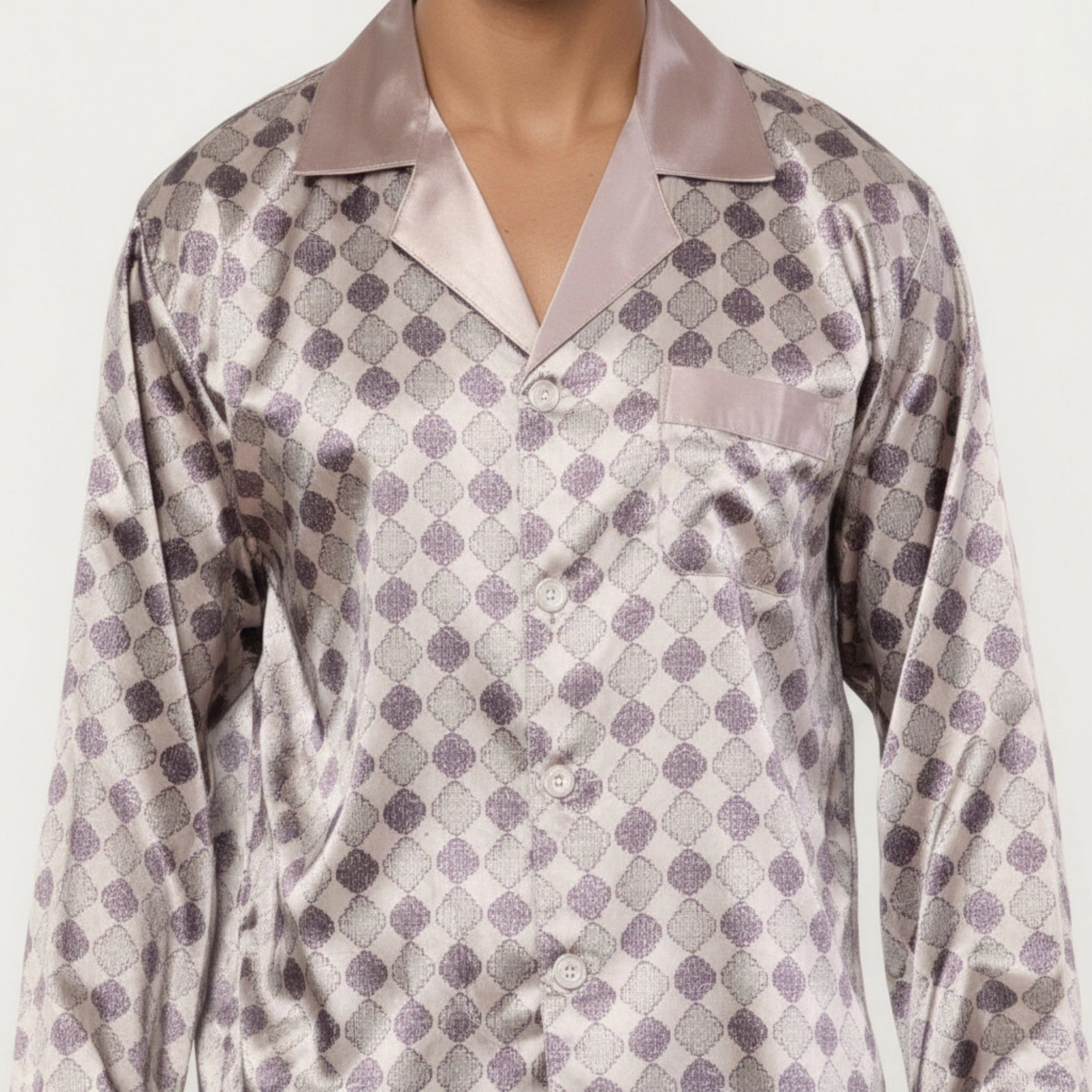 Anna-Kaci Men's 2-Piece Satin Pajamas with Geometric Check Print and Contrast Trim Details