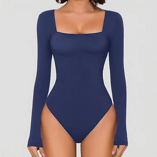Avidlove Women's Square Neck Long Sleeve Double Lined Ruched Waist Bodysuit with Snap Closure