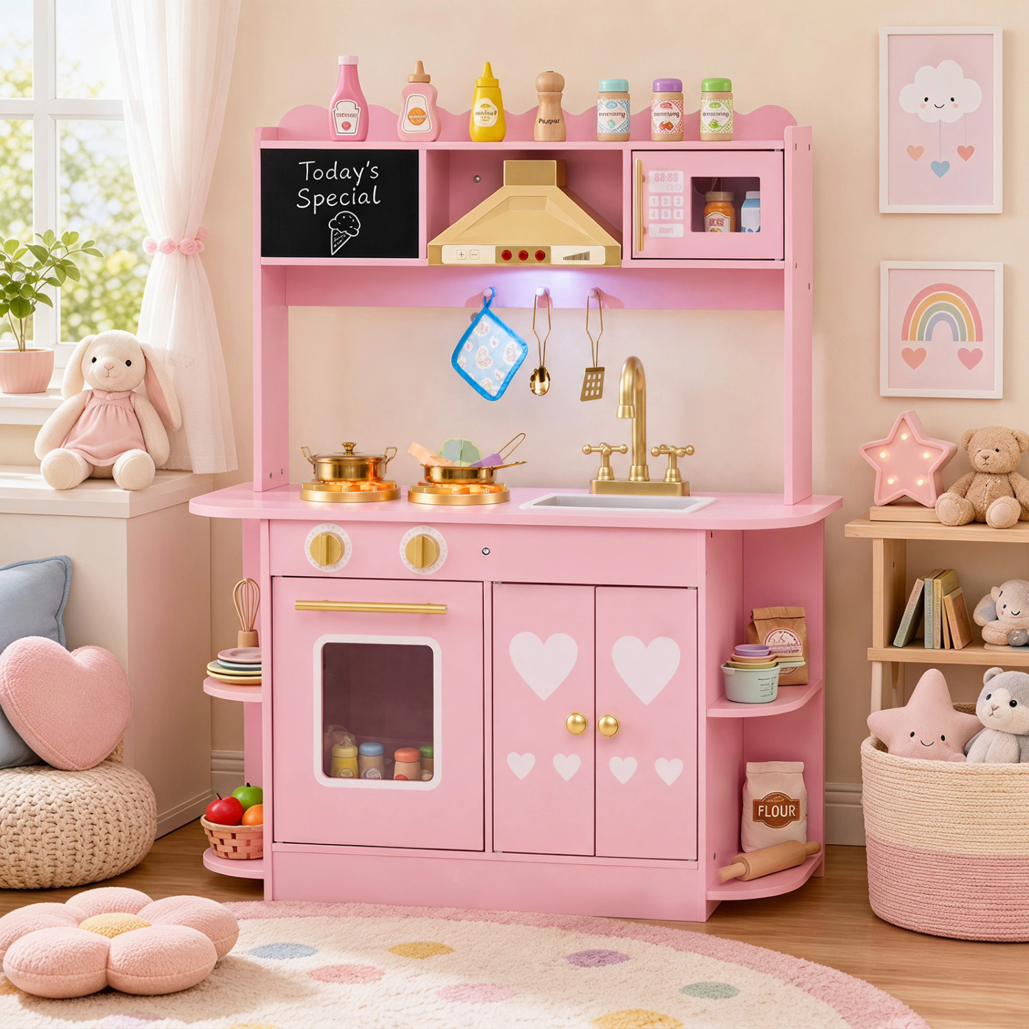 LJG Wooden Play Kitchen with Lights & Sounds and Stove Oven for Toddlers Ages 3+