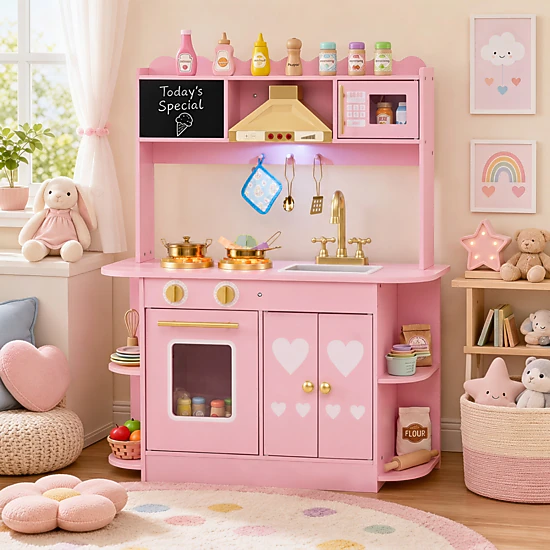 LJG Wooden Play Kitchen with Lights & Sounds and Stove Oven for Toddlers Ages 3+