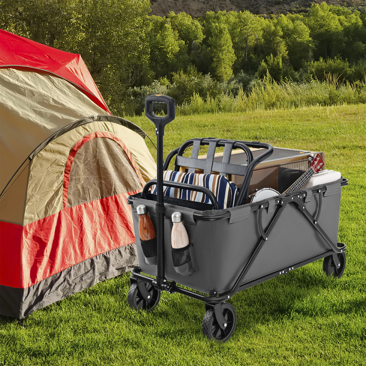 SUGIFT Collapsible Folding Wagon Cart Adjustable Handlebar 45-Gallon Capacity 220-lb Static Load 132-lb Dynamic Load