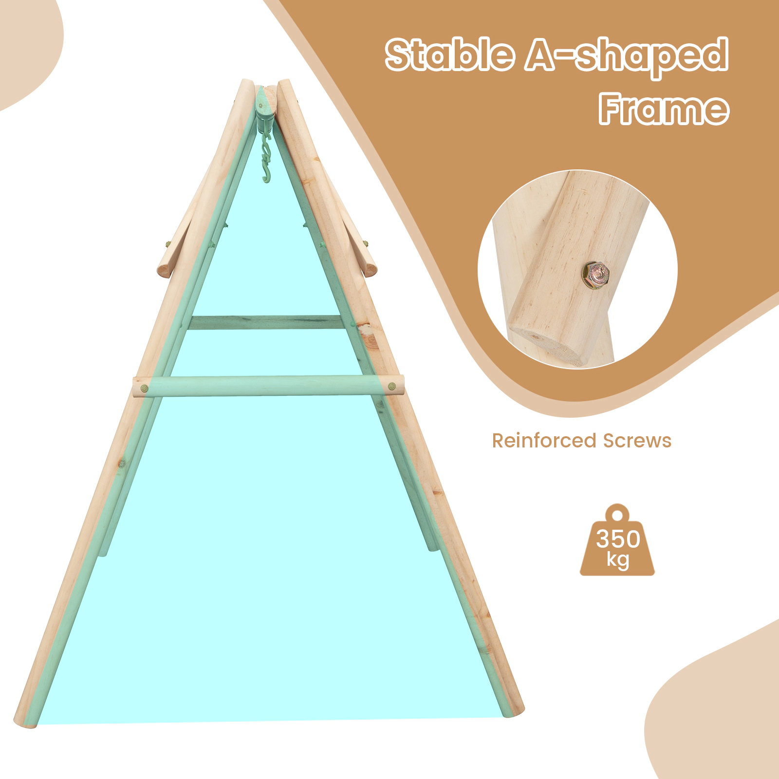 SUGIFT Heavy Duty Wooden Swing Frame Natural Pine Wood A-Frame Stand with Reinforced Bars