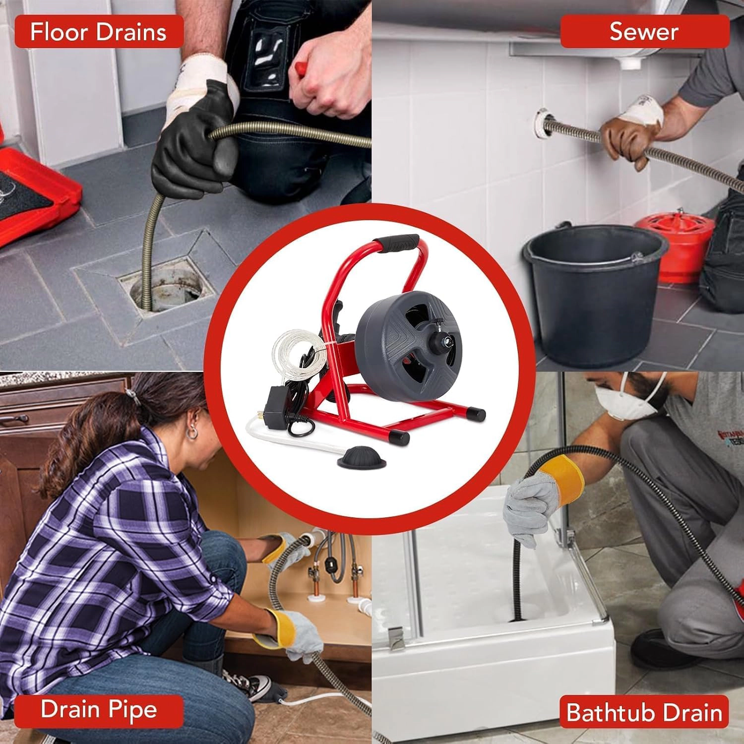 50Ft Electric Drain Cleaner Machine with Foot Switch & 6 Cutters, Sewer Snake for 3/4" to 3" Pipes