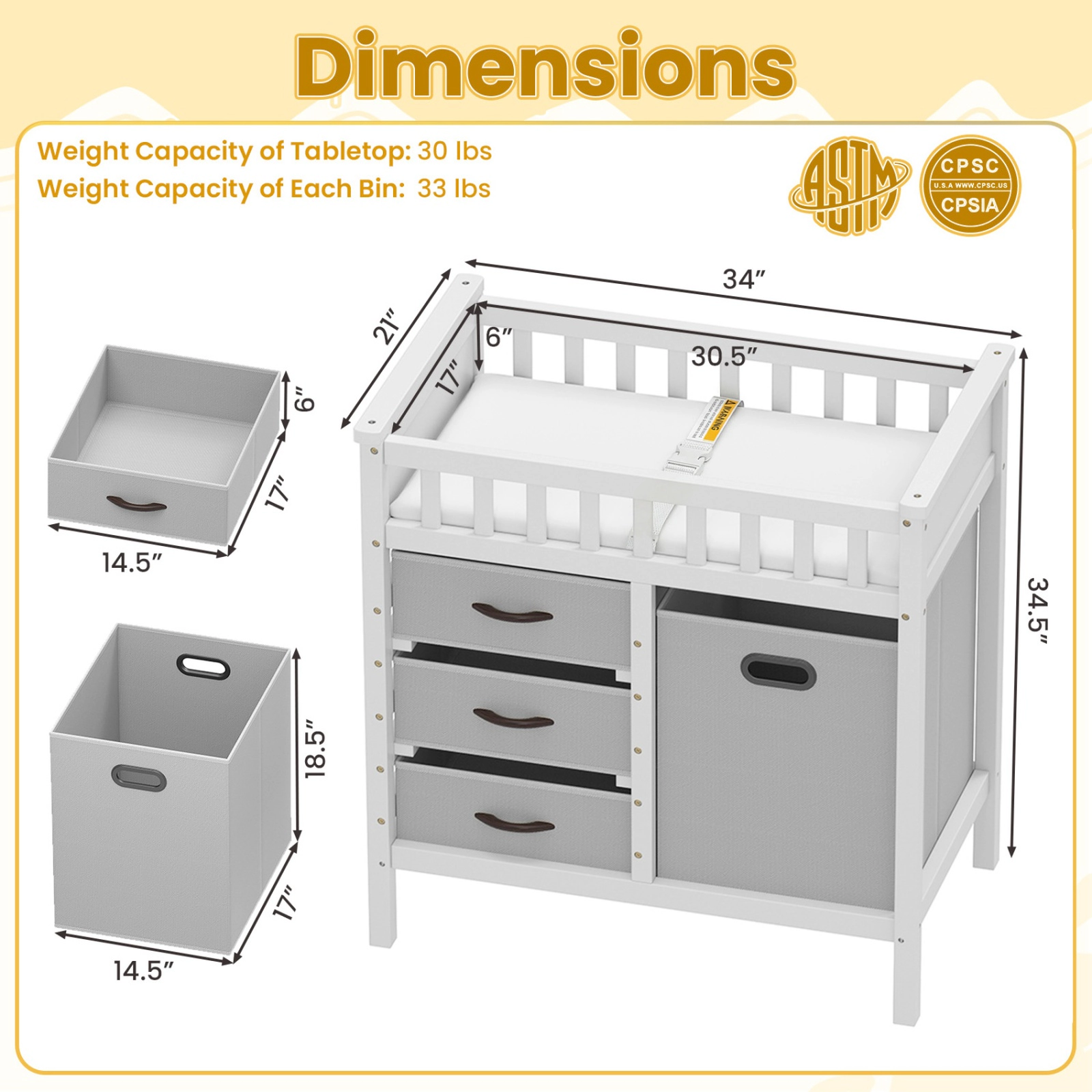 SUGIFT Gray 3 Fabric Drawers and Laundry Hamper Wooden Baby Changing Table