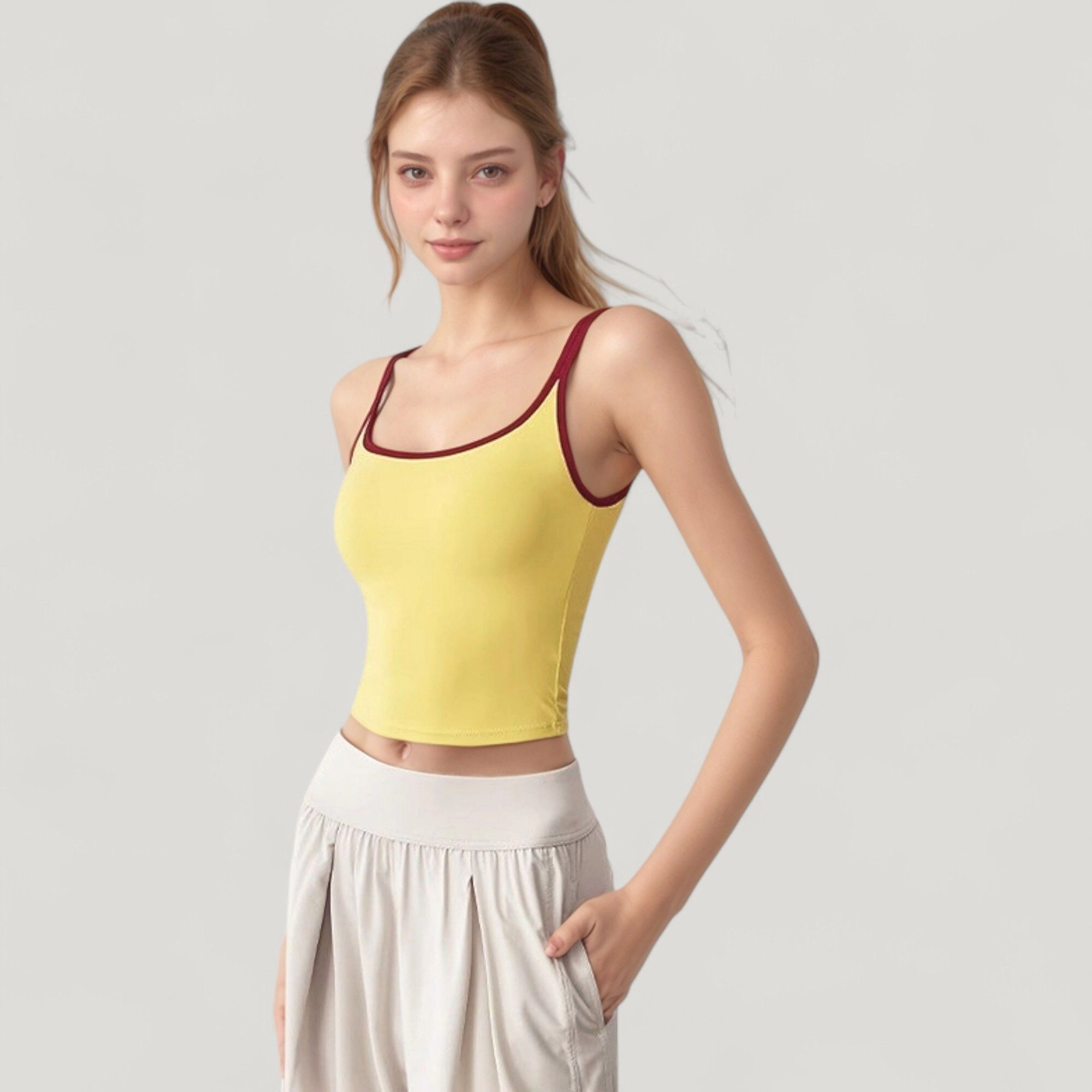 Anna-Kaci Women's Square Neck Contrast Trim Cropped Active Tank Top