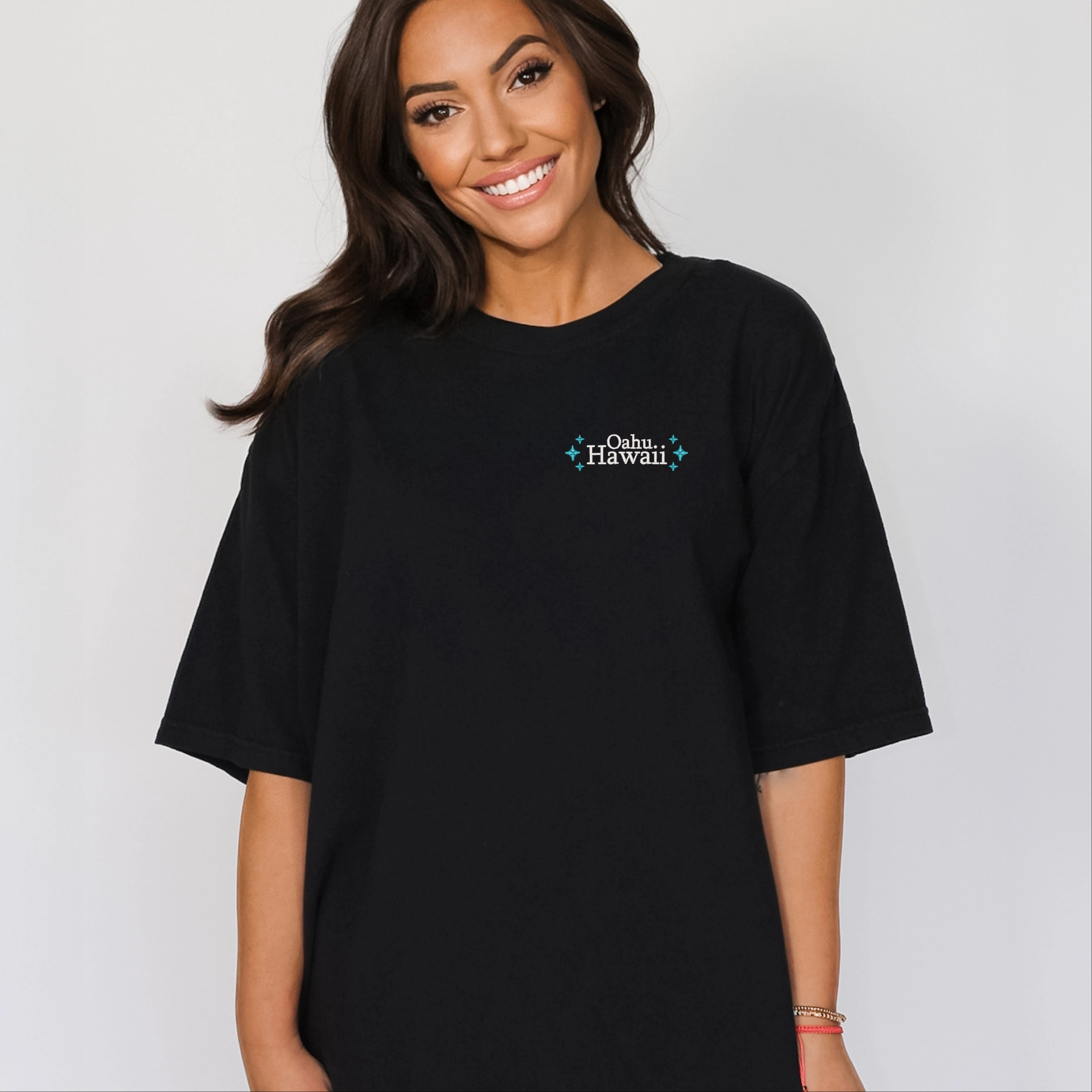 Simply Sage Market - Embroidered Oahu Hawaii Stars Women's Garment Dyed Graphic T-Shirt