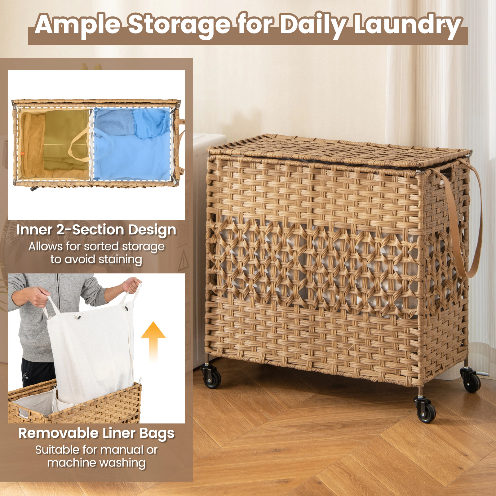 SUGIFT Natural 110L 2-Section Rolling Laundry Hamper with 4 Wheels 2 Removable Liners and Flip-Up Lid