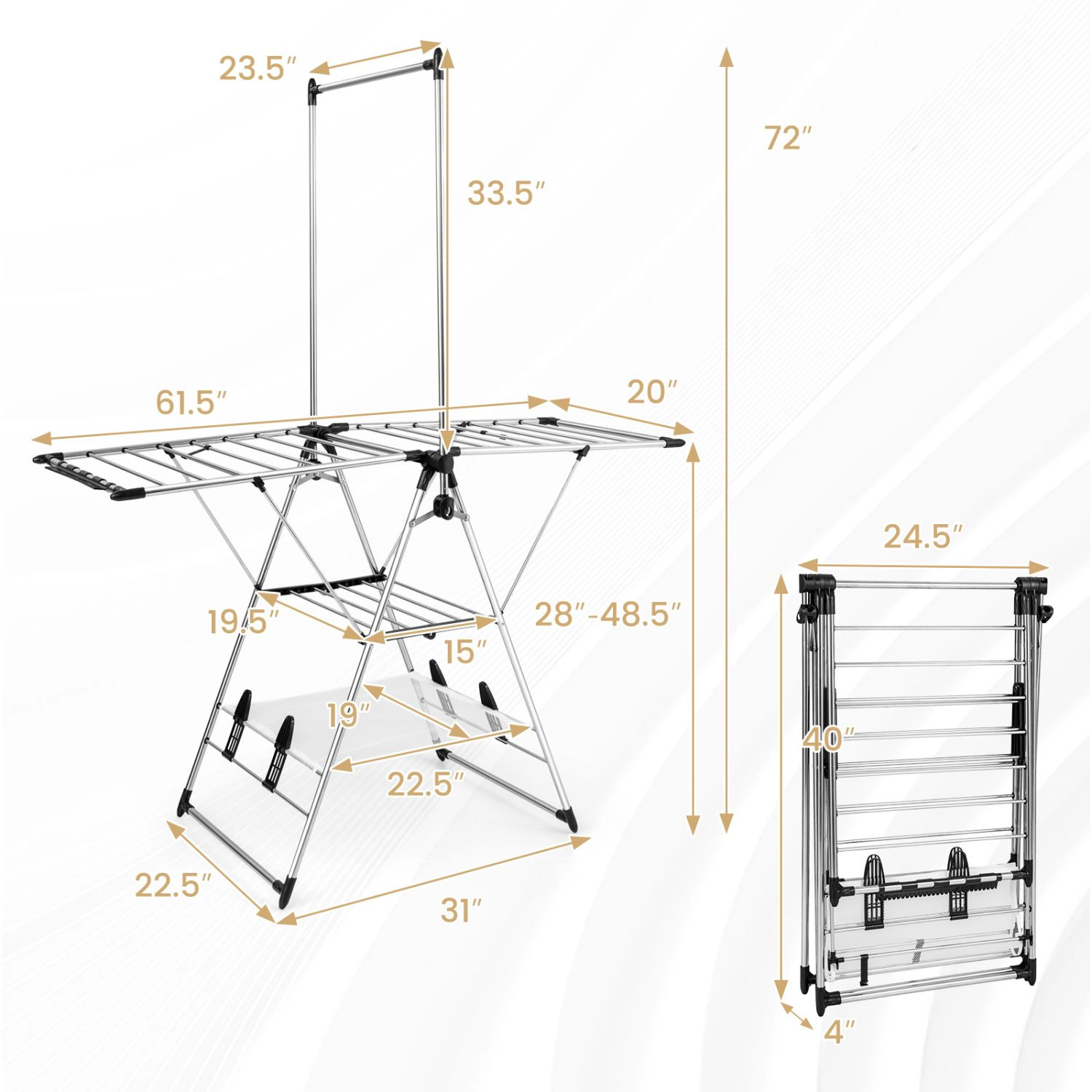 SlickBlue Folding Clothes Drying Rack, Adjustable Wings, 3-Tier