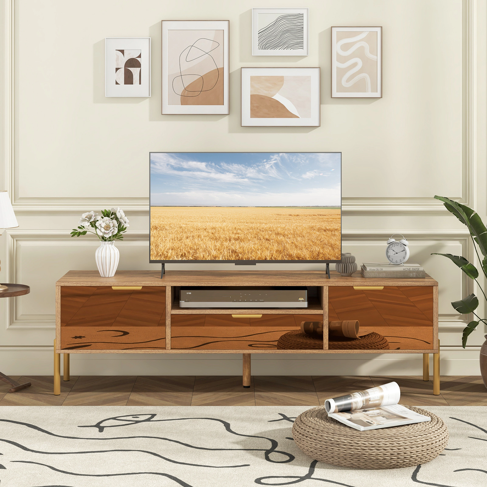 LJG Mirrored TV Stand for TV up to 65 Inch with Spacious Tabletop and 2 Storage Cabinets