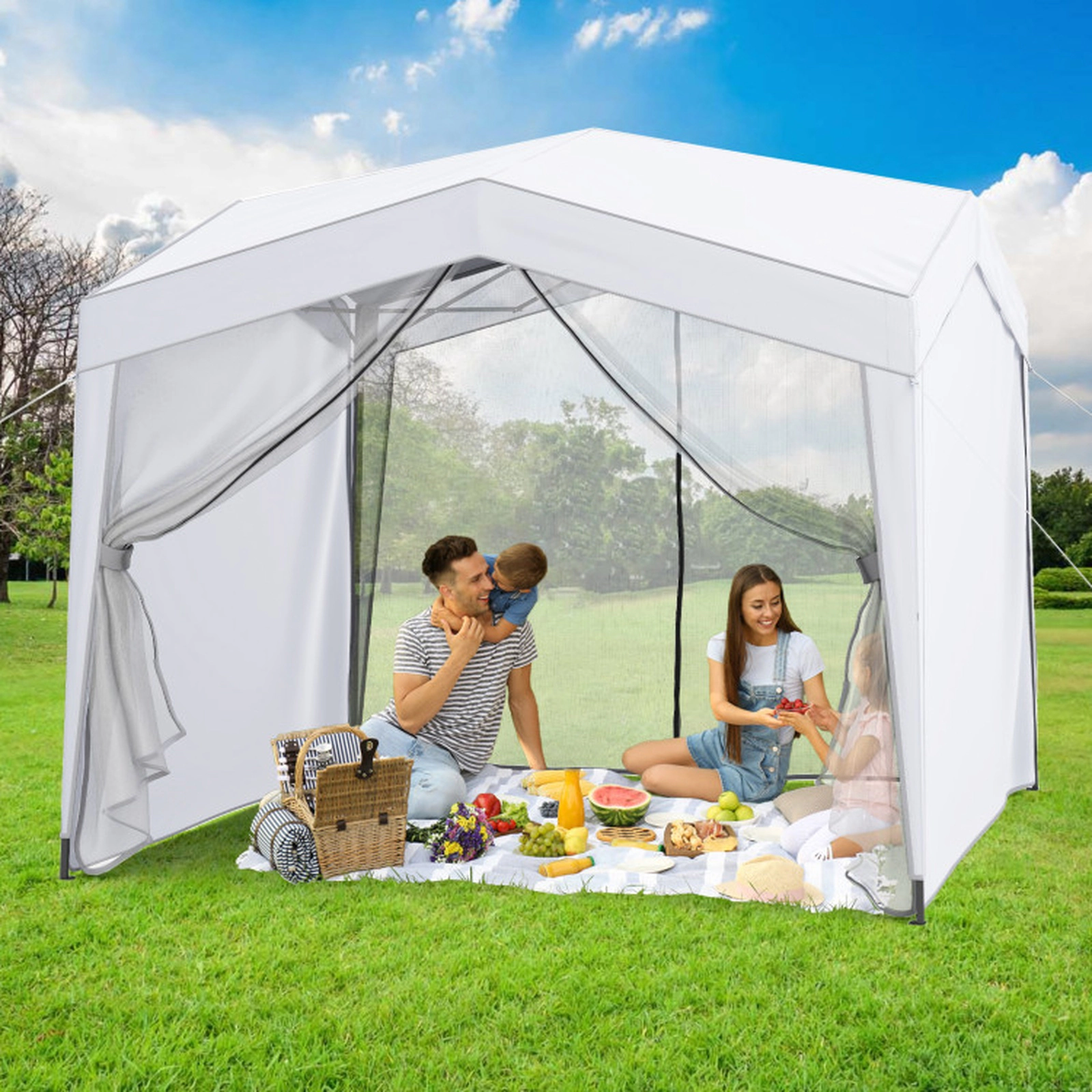 SUGIFT Pop Up Canopy Tent with 4 Sidewalls and Mesh Netting Portable Outdoor Shelter with Wheeled Bag White