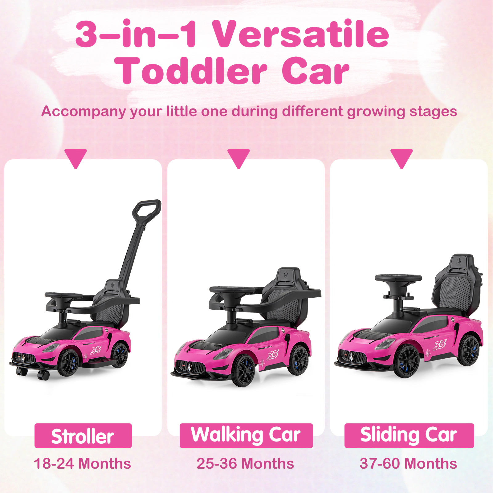 SUGIFT 3-in-1 Maserati Licensed Ride-On Push Sliding Car with Music 55-lb Capacity Ages 18-60 Months Pink/White